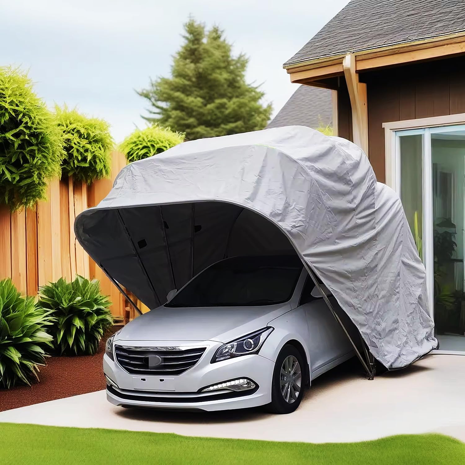 Folding Carport Semi-Automatic Mobile Carport, Heavy Duty Metal Retractable Carport Outdoor Car Awning Portable Garage (21x9x8.7ft)