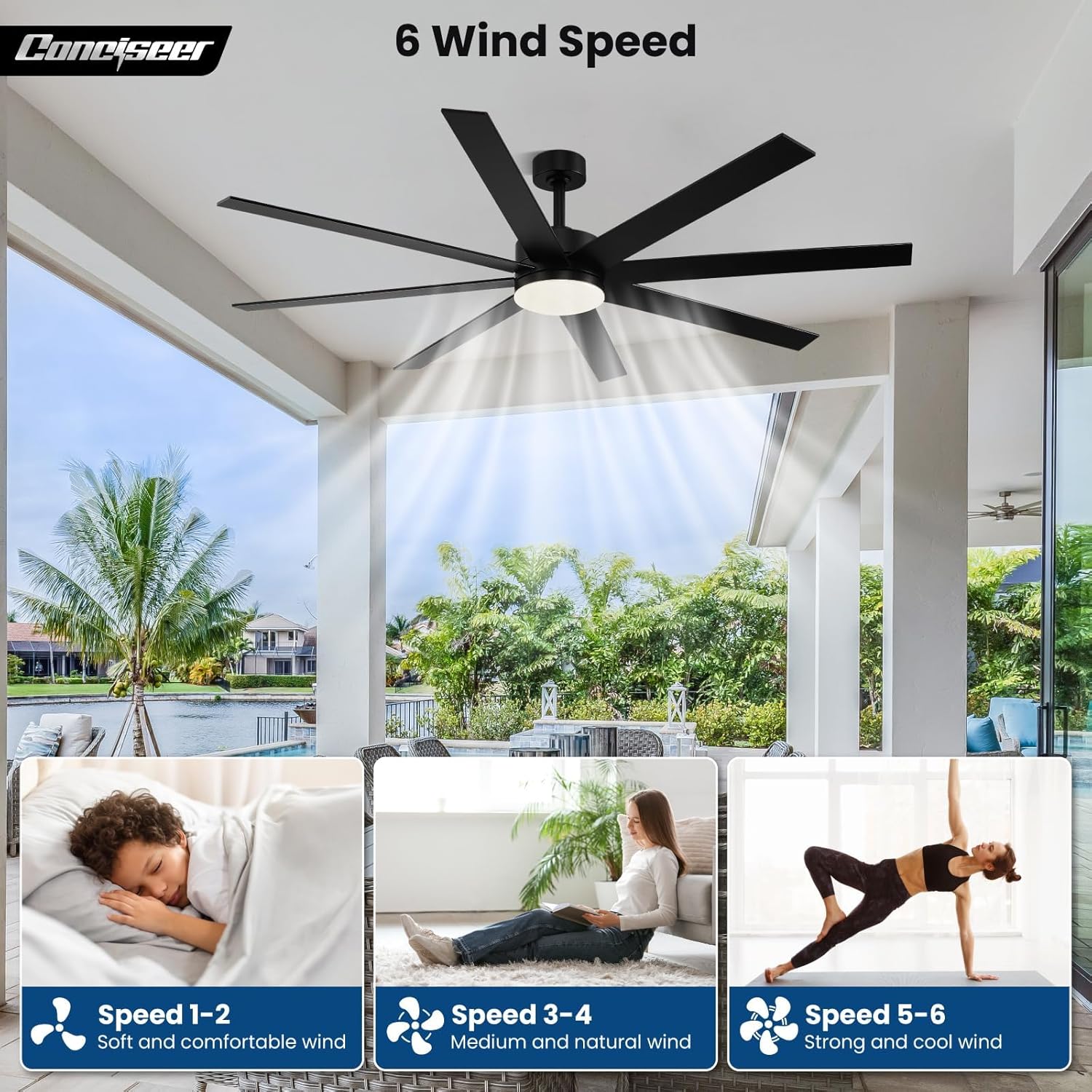 Modern 72 Inch Ceiling Fans with Lights and Remote, Dual Color 8 Blades,Living Room Office Library Cafe Outdoor Industrial, 24W 3CCT 6 Speed Reversible Quiet DC Motor, Black/Wood Grain