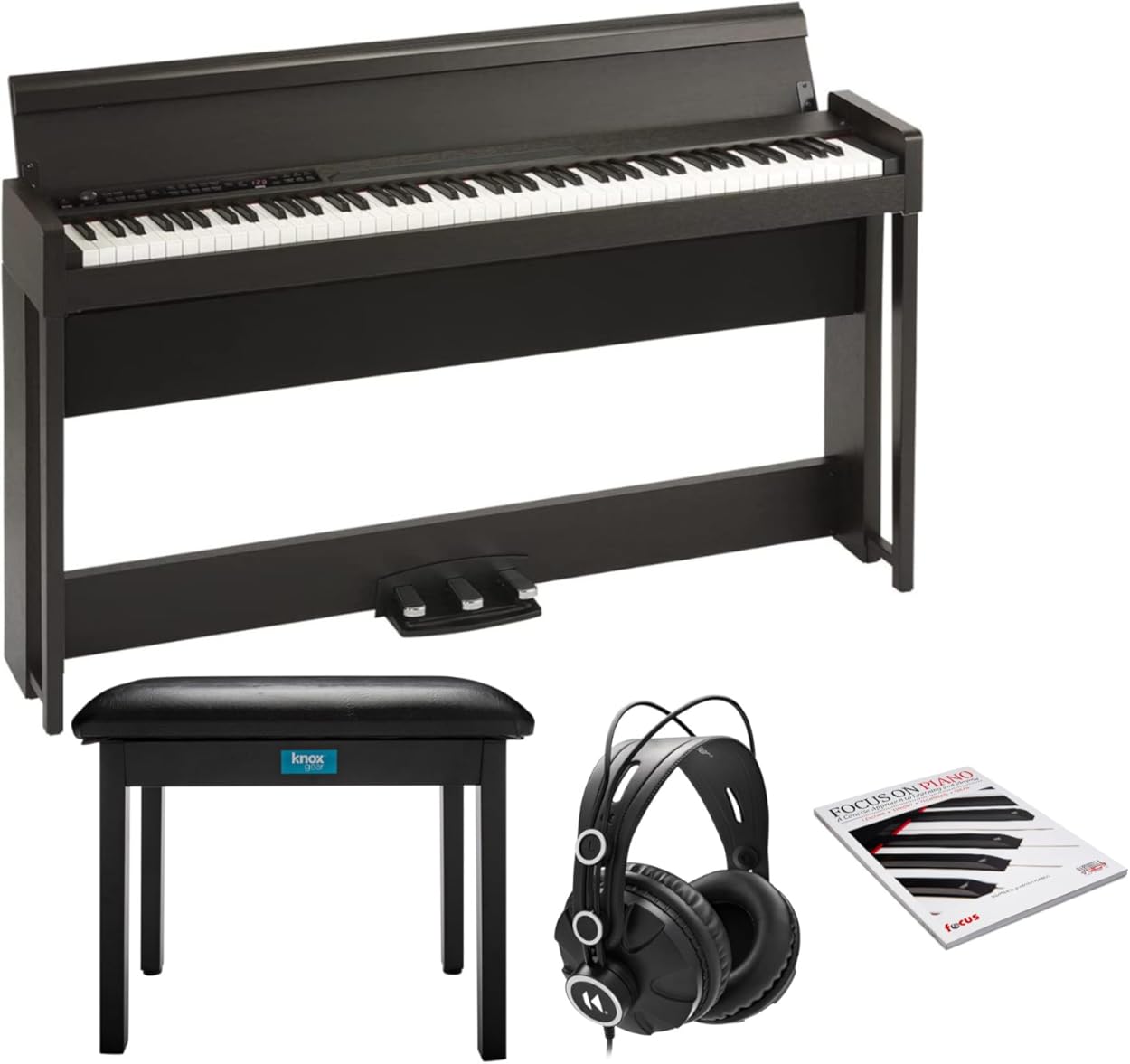 Korg C1 88-Key Digital Piano (Rosewood Brown) Bundle with Studio Headphones, Flip-Top Bench, and Piano Book (4 Items)