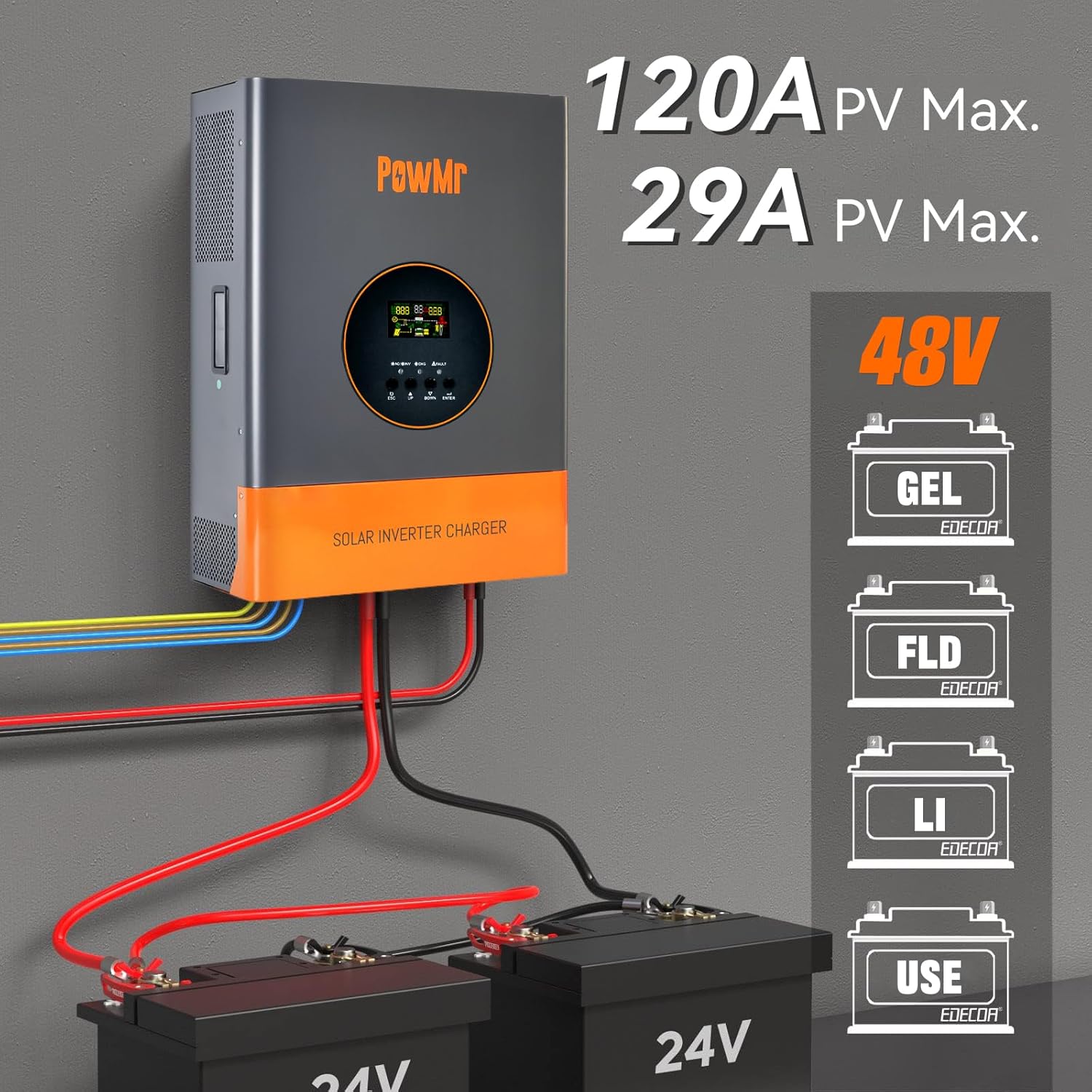 PowMr 5000W Hybrid Solar Inverter 48VDC to 110/220VAC, 5kW Off-Grid w/Built-in 120A MPPT Charge Controller, Pure Sine Wave Inverter for 48V Lead-Acid and Lithium Battery, Peak Power:15000W