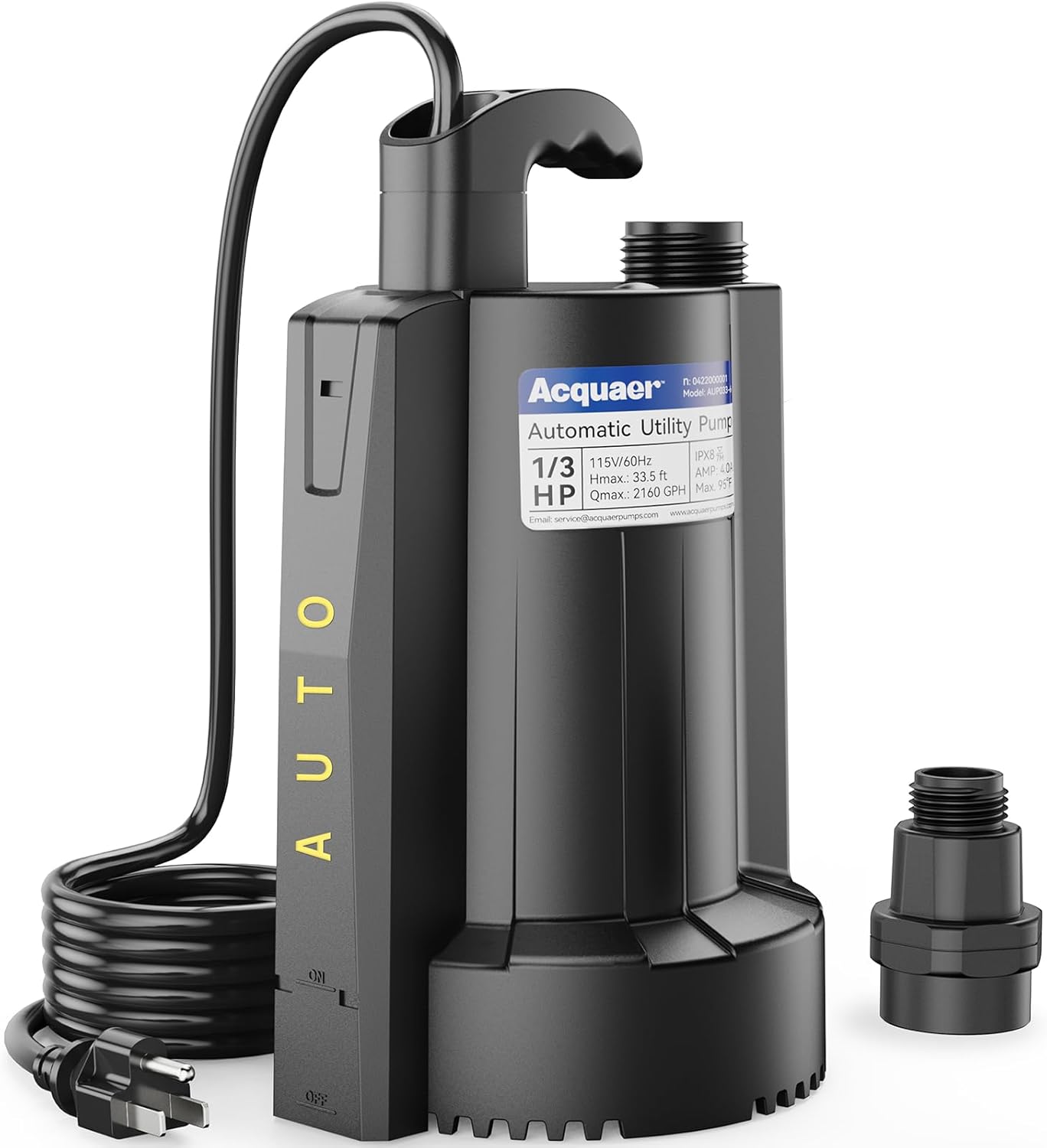 Acquaer 1/3 HP Automatic Submersible Water Pump, 115V Sump Pump with 3/4” Garden Hose Check Valve Adapter,2160 GPH High Flow Water Removal for Swimming Pool Cover Hot Tubs Flooded House Basement