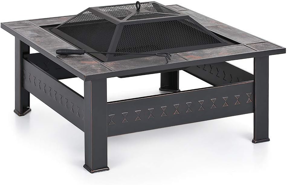 Fire Pit with BBQ Grill Shelf,Outdoor Metal Brazier Square Table Firepit Garden Patio Heater with Waterproof Cover,Outdoor Fire Pits