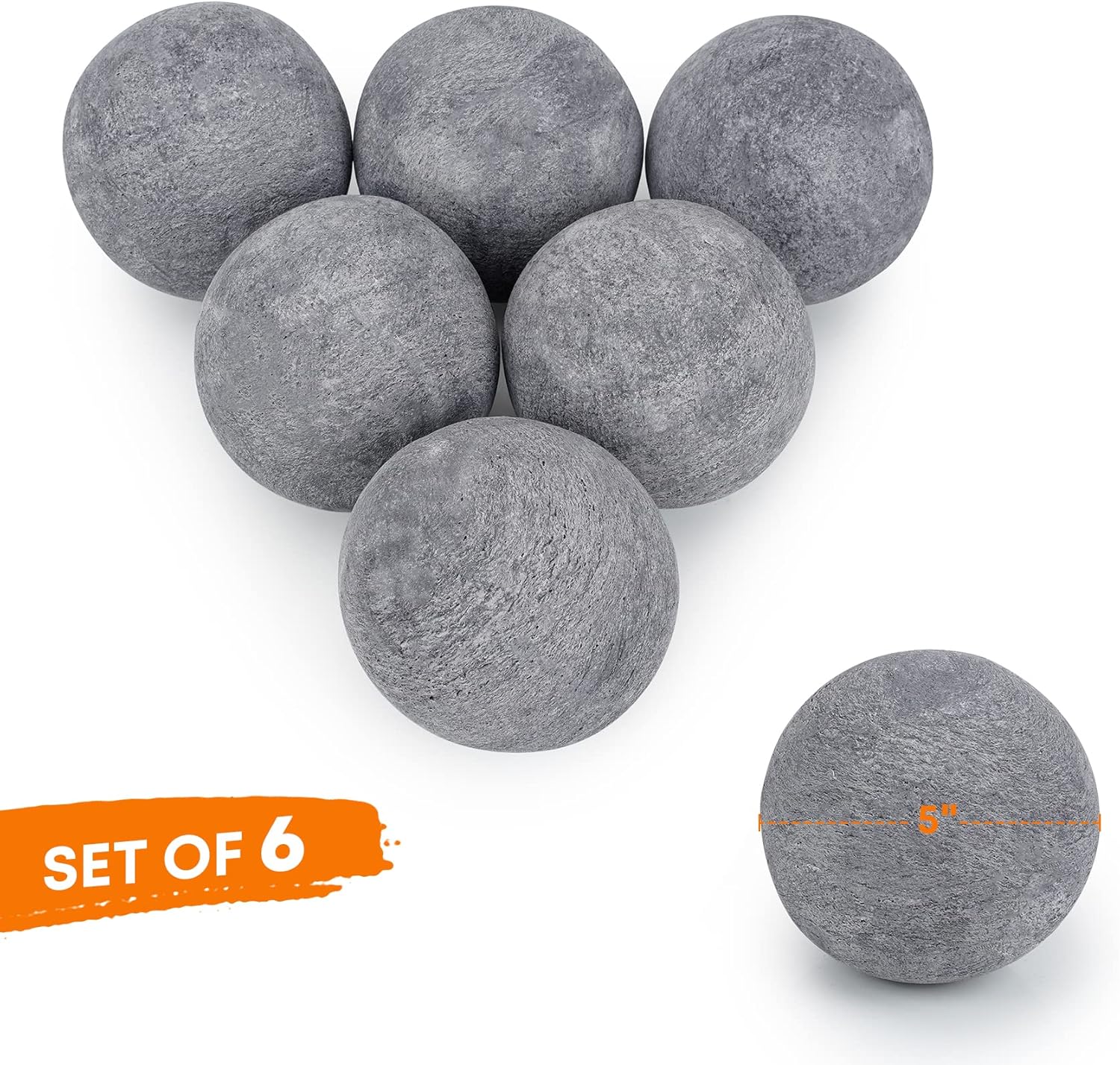 Stanbroil Ceramic Balls - 5” Round Fire Stones for Fire Pit Fire Bowl and Fireplace - Set of 6, Gray