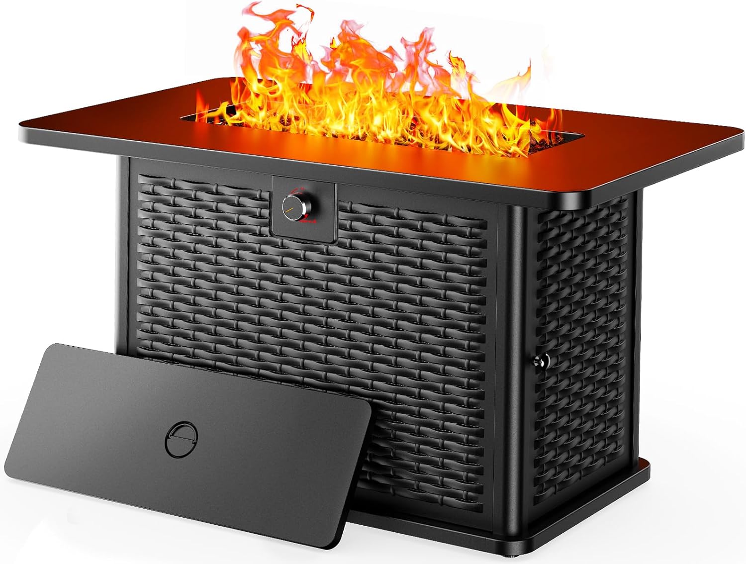 AMADA HOMEFURNISHING 43 Inch Propane Fire Pit Table, 60,000 BTU Gas Fire Pit with Lava Rocks, Waterproof Cover, Removable Lid, Cup Holders, 2-in-1 Fire Table for Patio, Backyard, Garden, Black