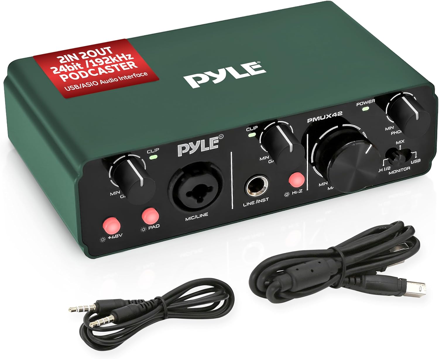 Pyle USB Audio Interface for Recording, Streaming & Podcasting – 2 Inputs 2 Outputs, 48V Phantom Power, 24bit/192kHz ASIO, Studio-Quality Sound, Rugged Metal Chassis - Compatible with Windows/Mac