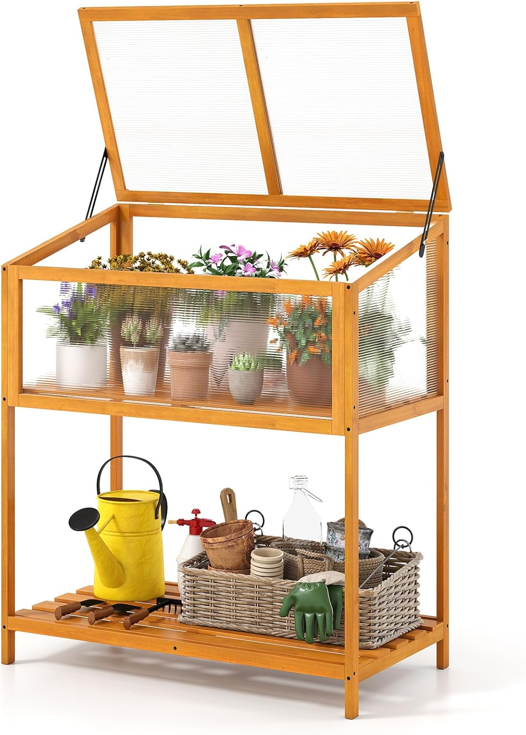 Giantex Wood Cold Frame Greenhouse, Raised Flower Planter Protection with Transparent Openable Roof & Slatted Shelf, Indoor Outdoor Hot House for Garden Balcony, 36”x20”x42”