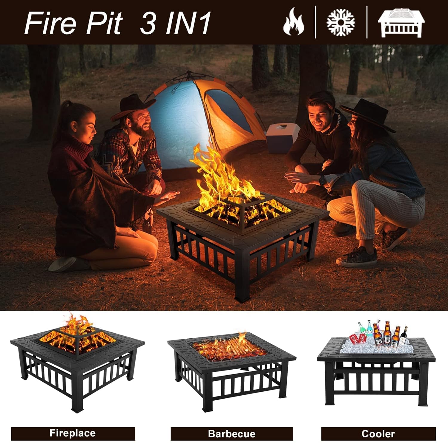 Fire Pit 32 inch Fire Pits for Outside Firepit Multi-Purpose Metal Fire Pit Outdoor Wood Burning Fire Pit Table with Spark Screen & Safety Poker for Camping, Picnic, BBQ, Backyard, Patio