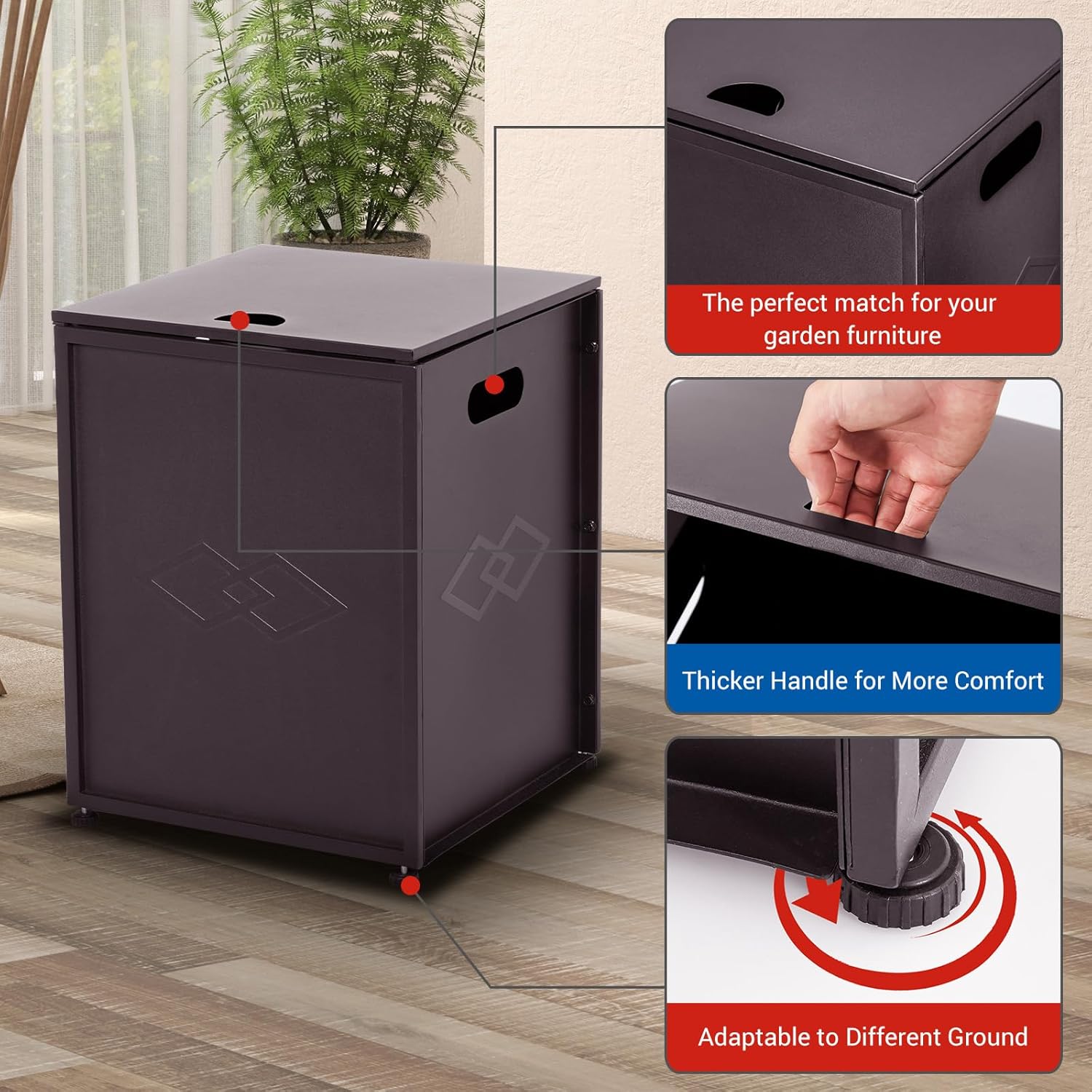 20 lbs Propane Tank Cover Table, Dual-Function Hideaway Side Table with Adjustable Wheels & Lockable Lid, Waterproof Steel Storage for Fire Pit, Patio, Deck, Gas Grill & Griddle