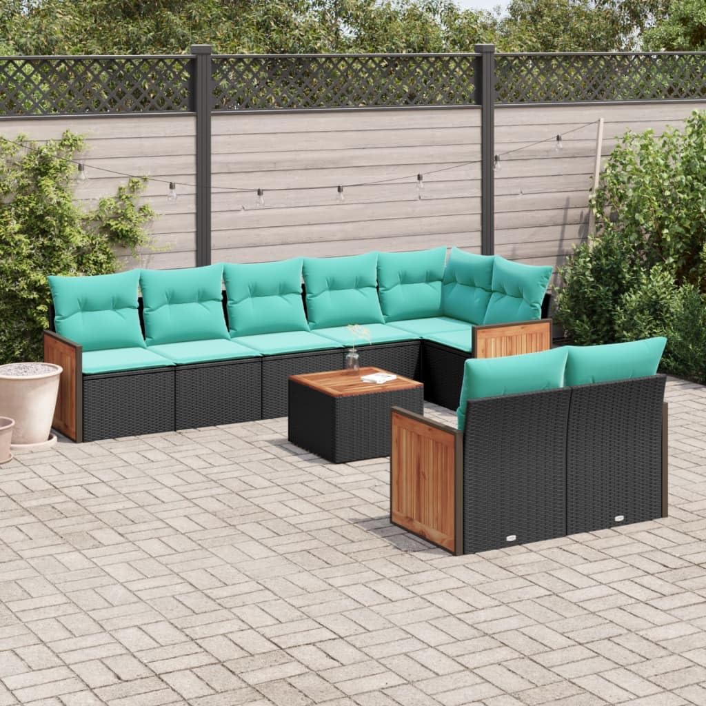 9 Piece Patio Sofa Set with Cushions Black Poly Rattan, Modular Outdoor Furniture with Removable Covers and Storage Bag, Durable PE Rattan and Acacia Wood Tabletop