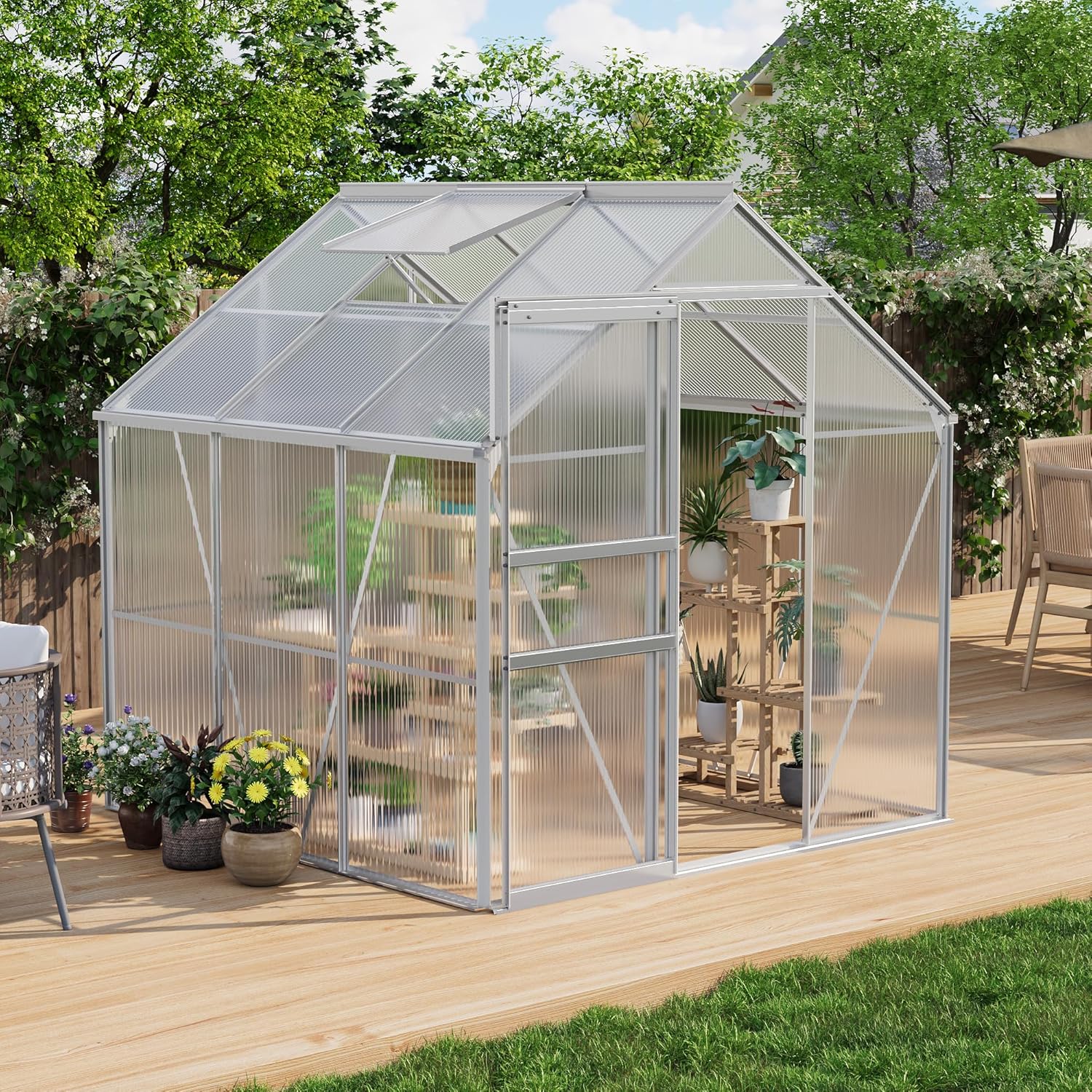 CABIHOME 6 x 6 FT Greenhouses for Outside, Polycarbonate Greenhouse with Aluminum Frame, Sliding Door, Adjustable Roof Vent, Backyard Green Houses, Patio Garden, Silver