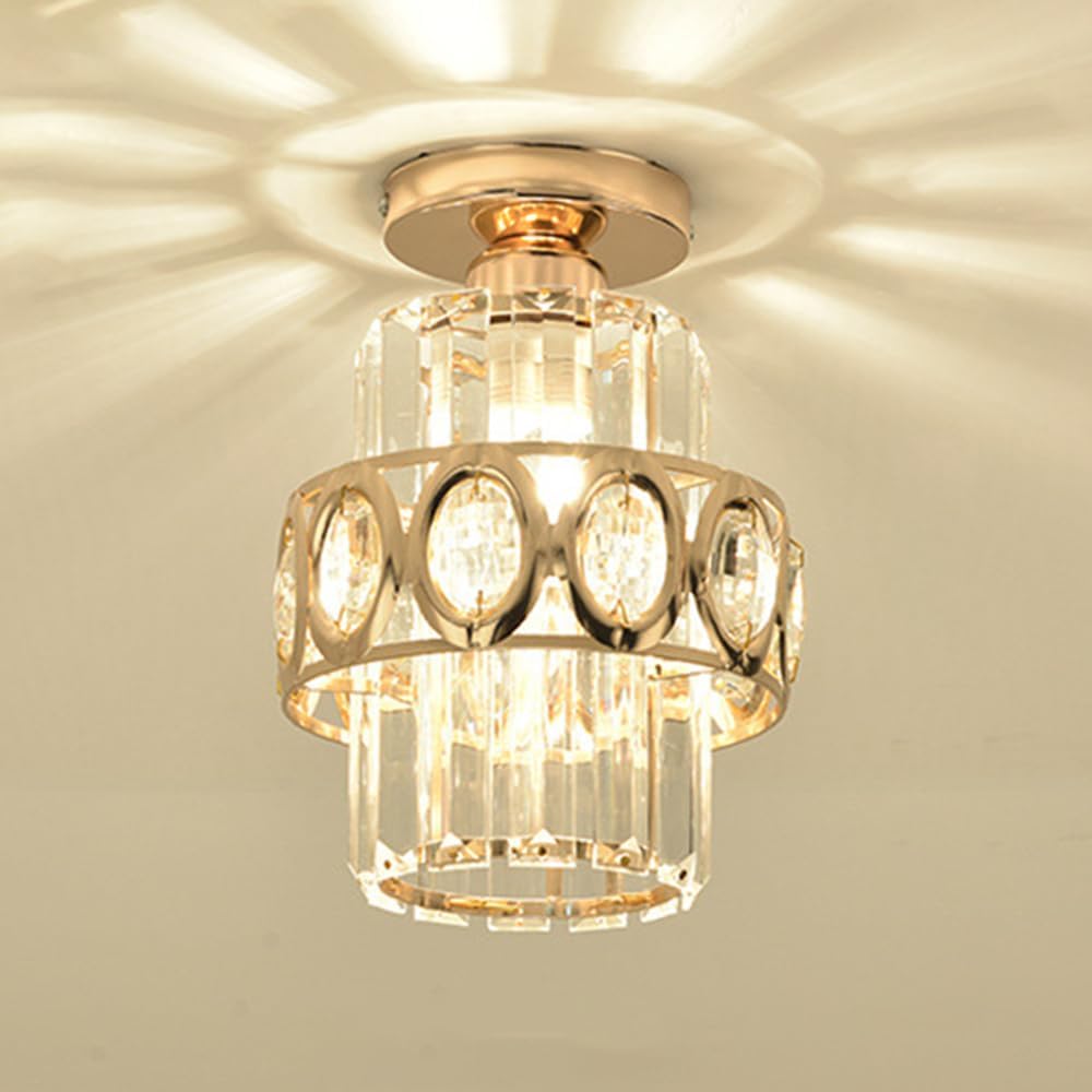 Crystal Semi Flush Mount Ceiling Light Fixture Mini Gold Chandelier Modern Small Close to Ceiling Lamp for Entryway Bedroom Closet Hallway Lighting Fixture, E27 Base