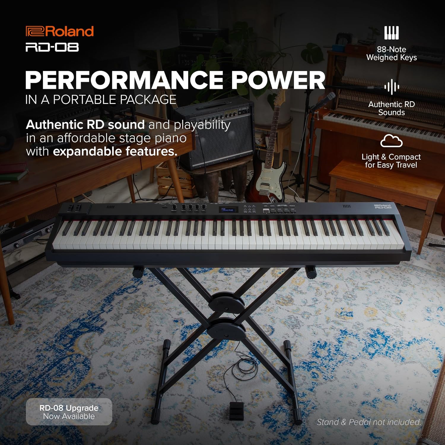 Roland RD-08 Stage Piano | Authentic RD Sound & Playability | Streamlined Design | 88-Note Weighted-Action PHA-4 Keyboard | Expandable Features | 3000+ Onboard Sounds | Ideal for Professional Gigging