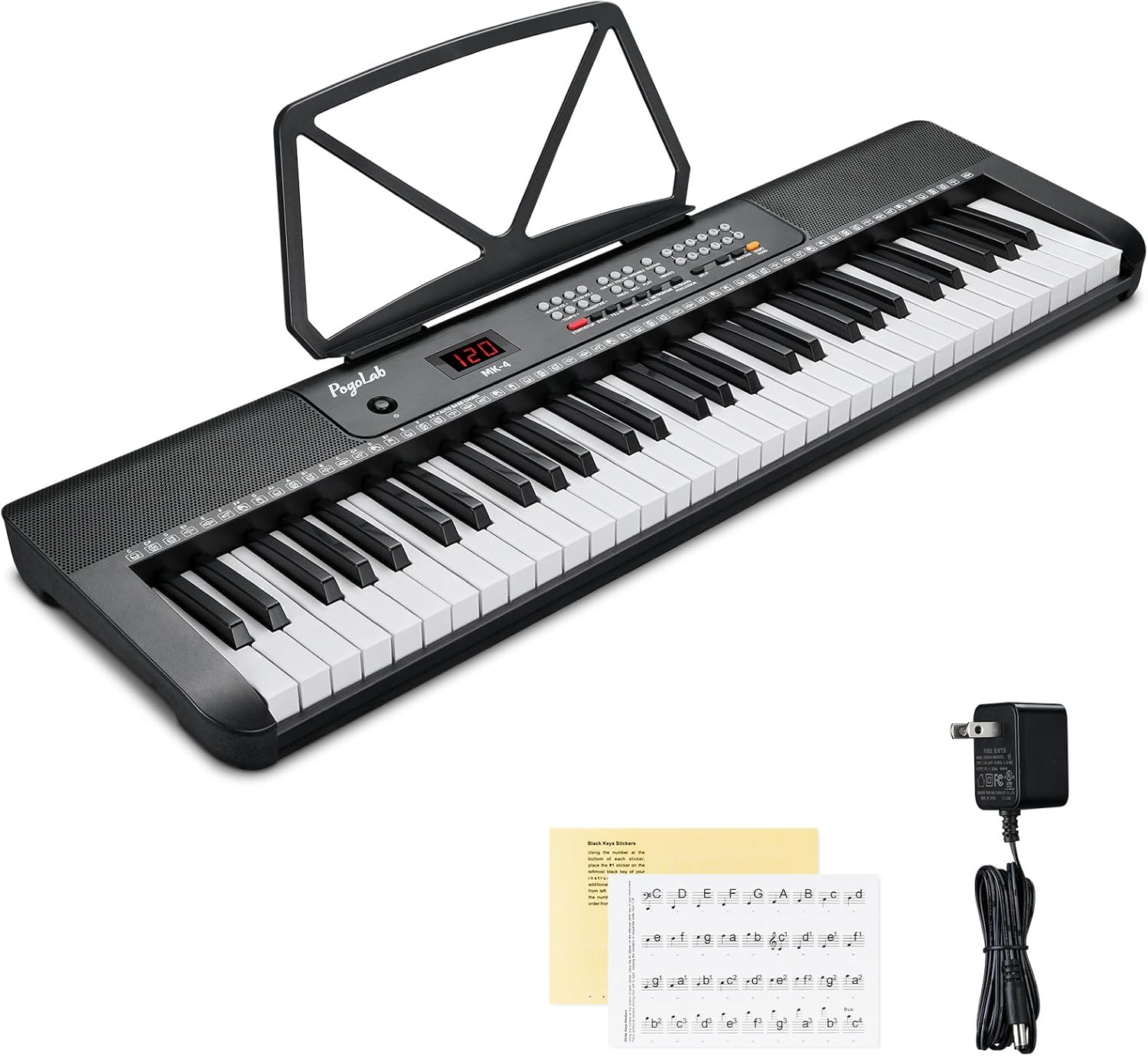 61 Keys Compact Keyboard Piano, Multi-Function Electronic Piano with 255 Sounds, 255 Rhythms, 24 Demos, Includes Sheet Music Stand, Note Stickers & Power Supply, Gift for Beginners, Black