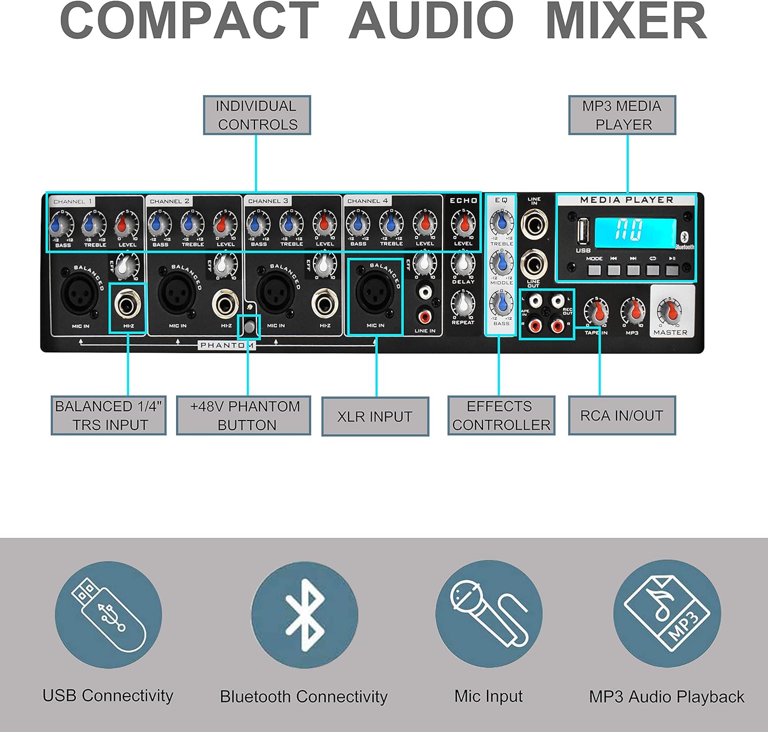 PRORECK MX10 1600W 6-Channel Powered Bluetooth Mixer with 10inch Passive Speakers PA System Mixer/Amp/Stands/Mic