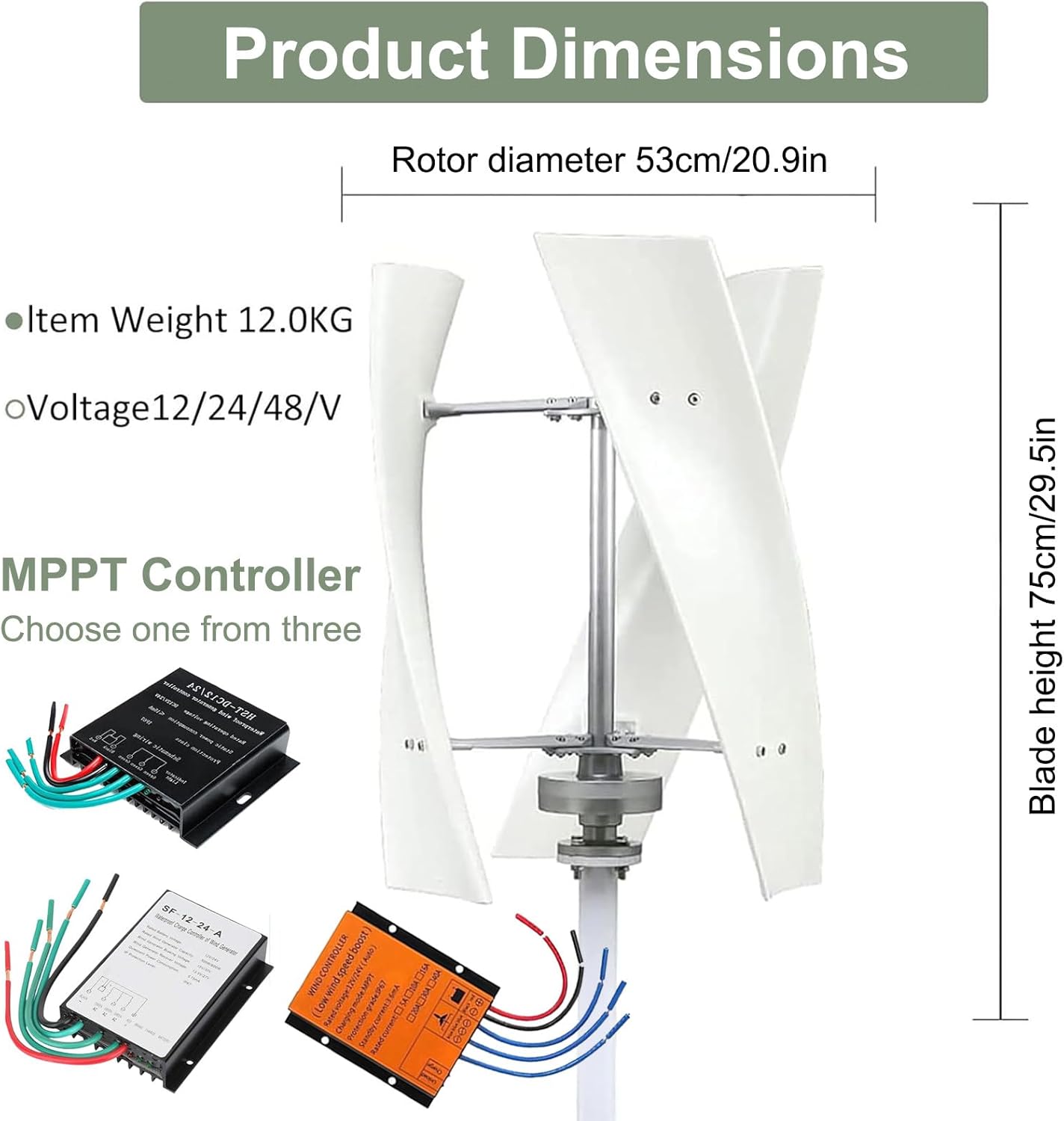 12000W Wind Turbine Generator Kit with MPPT Controller, 12V 24V Vertical Wind Turbine for Home Street Lighting, 3 Blades Low RPM Windmill,24V