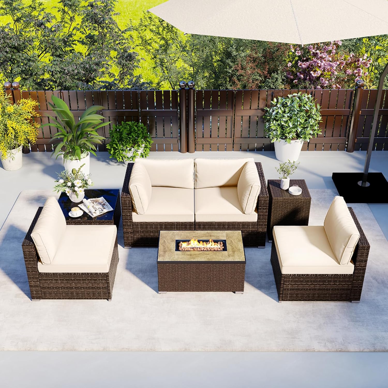 Tangkula 7 Pieces Outdoor Sectional Sofa Set Set with 32” Fire Pit Table and Propane Tank Cover, for Deck, Garden and Backyard, Fire Pit Protective Cover Included (Off White)