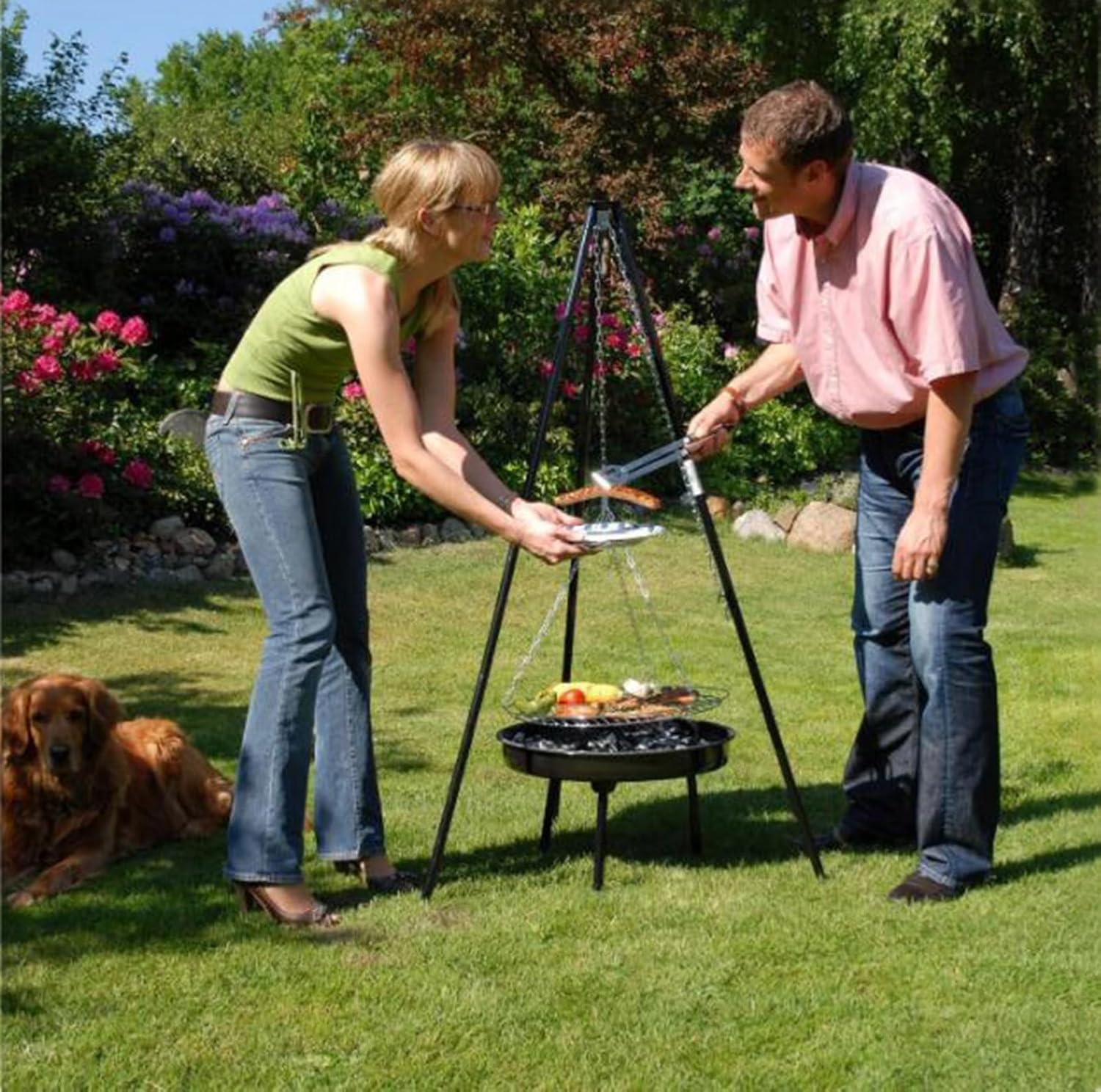 Outdoor Height-Adjustable Hanging Tripod Campfire Cooking Equipment,Portable Camping Campfire Grill,Heavy Duty Firepit Grill,for Outdoor Cookin