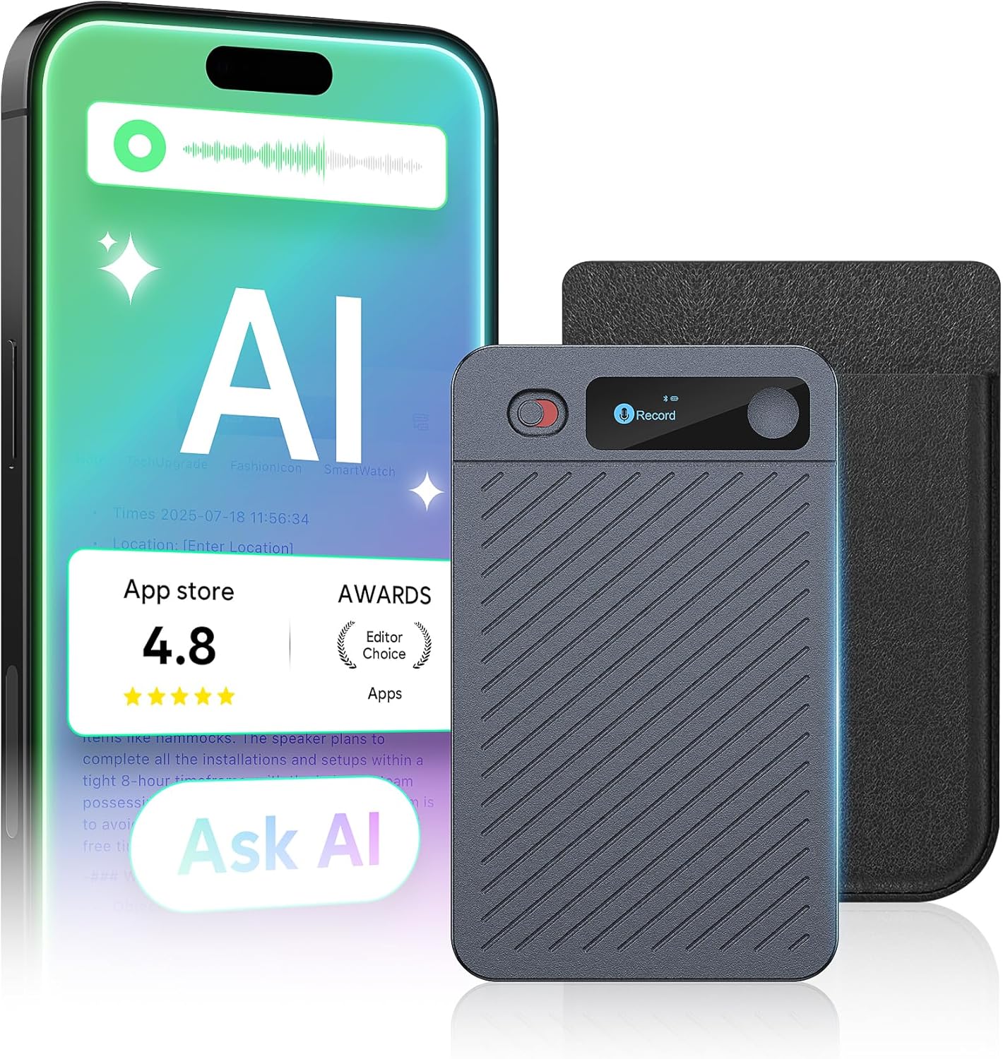 AI Voice Recorder, 64GB Note Taking Device w/Magnetic Case, App Control, AI Technology Transcribe & Summarize Free, 121 Languages, 45H Battery, Audio Recorder for Lectures Meetings Calls