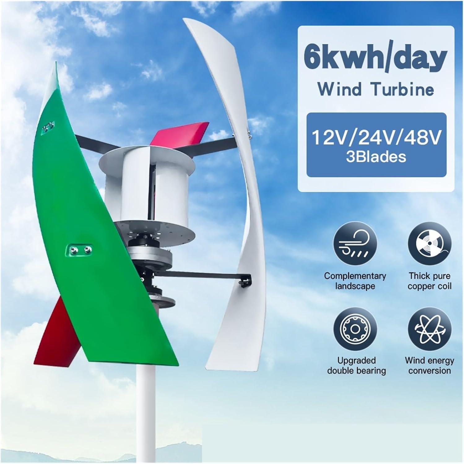 5KW 24V 48V Vertical Axis Low-Speed Wind Turbine With Energy And Low Noise For Household Use Horizontal Rotation With High Efficiency Low Starting Speed for Home(With off grid system,24V_5000W)