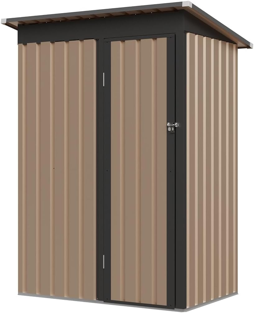5×3 FT Outdoor Metal Garden Storage Shed – Lockable Steel Utility Tool Shed with Double Doors, Rust-Resistant All-Weather Structure for Backyard, Patio, or Lawn – Black & Brown