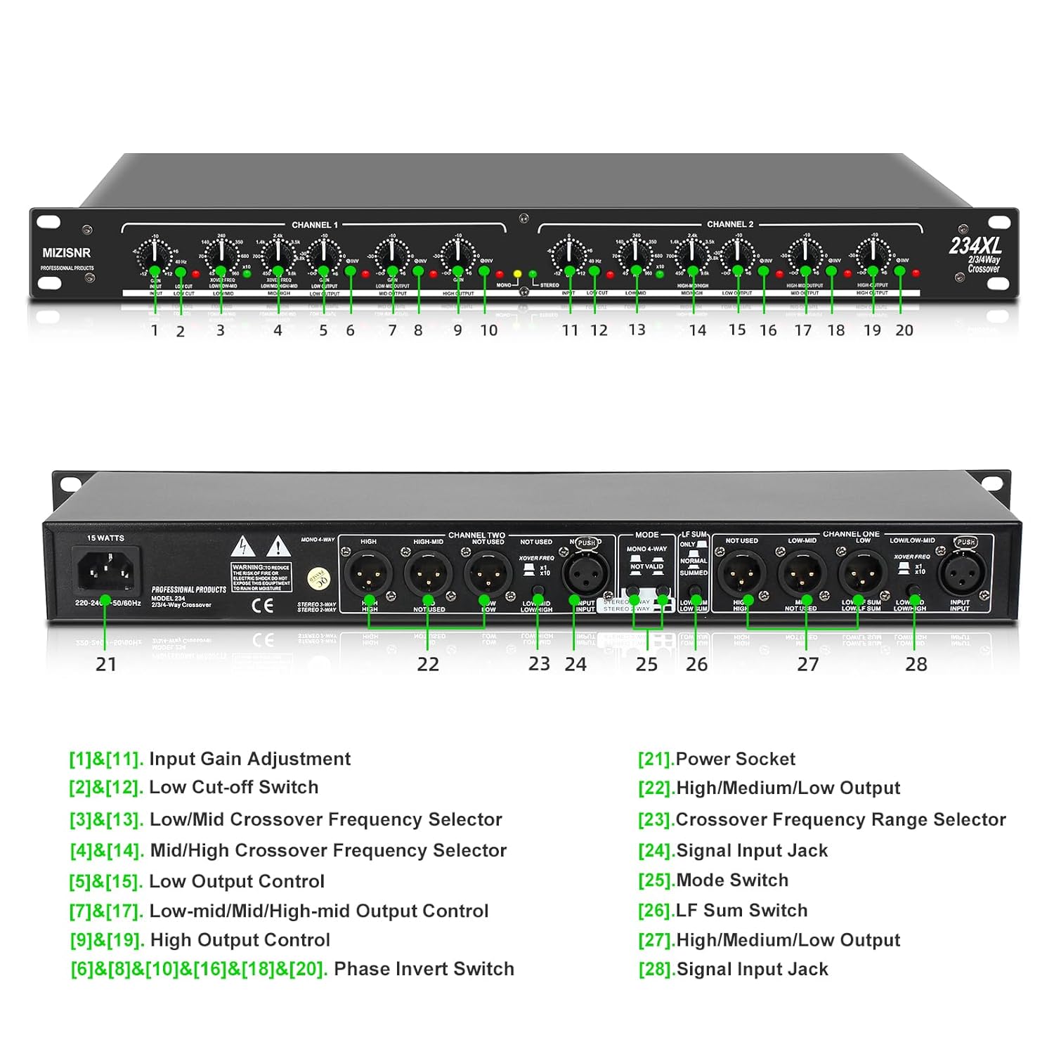 Professional 2/3 Way Stereo/4 Way Mono Crossover with XLR Input and Output, Stereo Audio Sound Processing for PA System with Subwoofer
