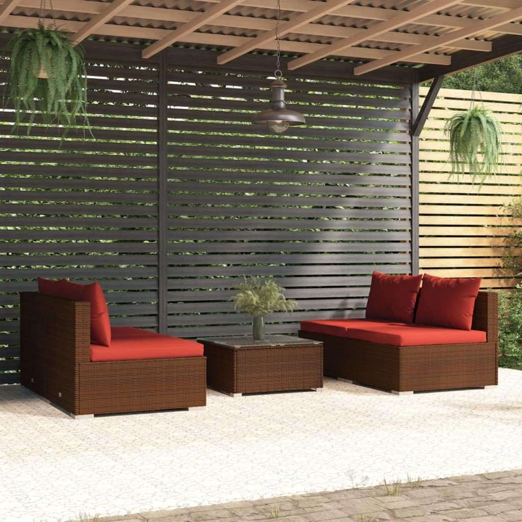 5 Piece Patio Lounge Set with Cushions Poly Rattan Brown Garden Furniture