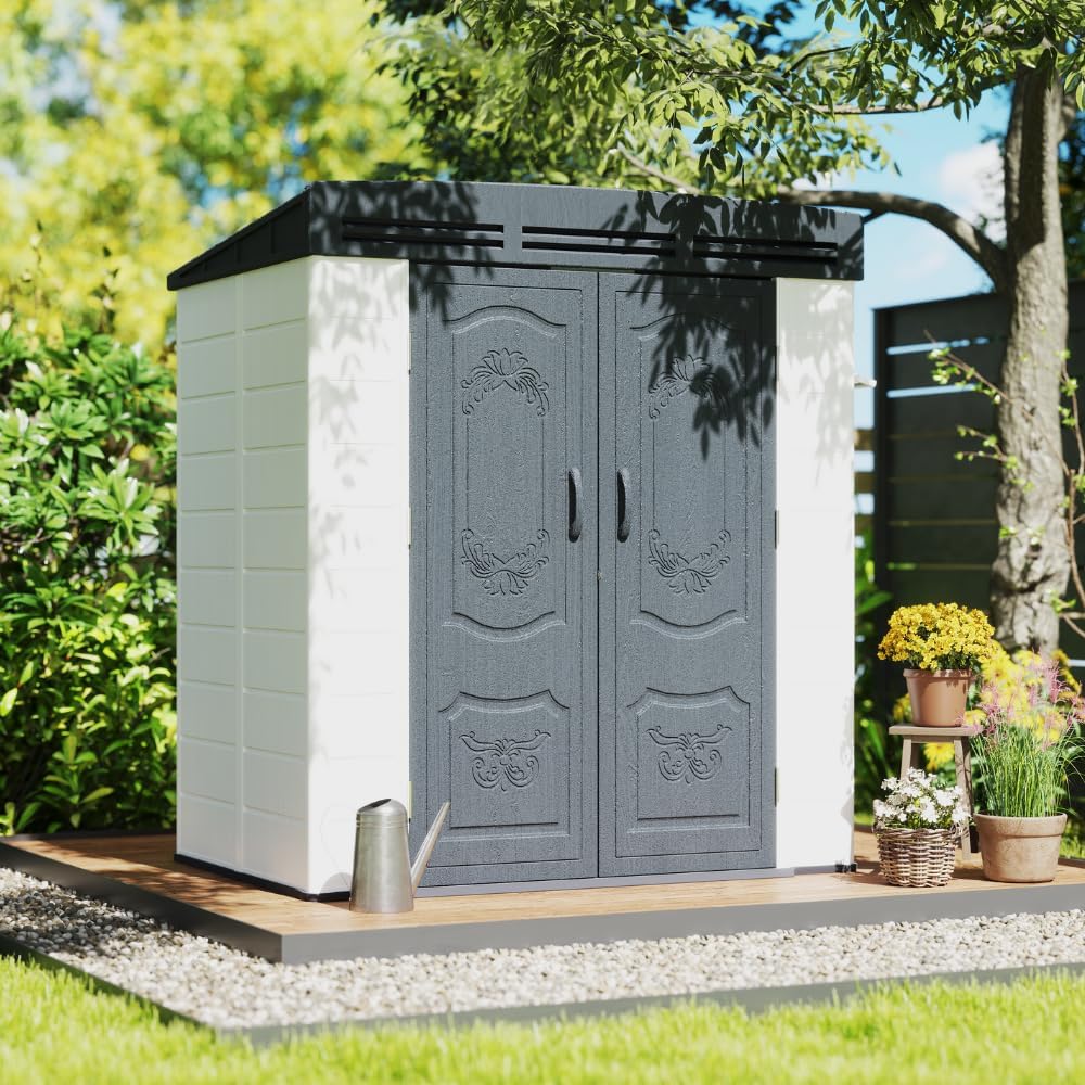 Kingdura 6x4 FT Resin Outdoor Storage Shed with Reinforced Floor, All-Weather Resistant Plastic Garden Outside Bike Tool Shed with Lockable Doors, Window for Backyard Patio Poolside