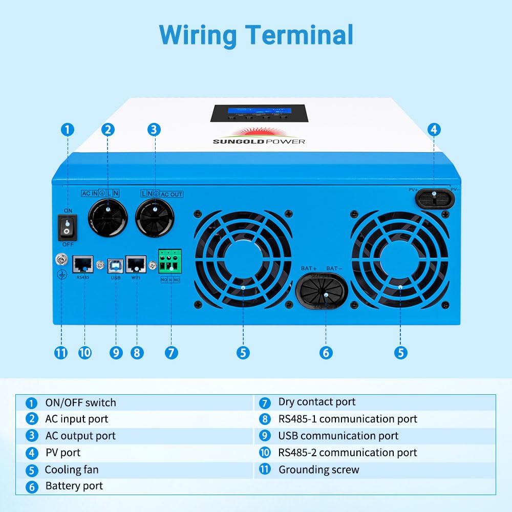 SUNGOLDPOWER 5000W DC 48V All in One Solar Inverter, 80A MPPT Solar Charger and 40A AC Charger, 120V AC Output Pure Sine Wave Inverter for Backup, Off-Grid System (CAN NOT Parallel)