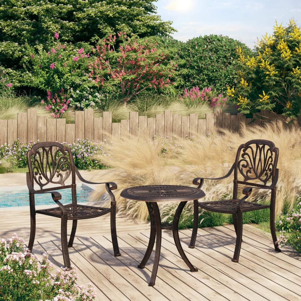 3 Piece Bistro Set Cast Aluminum Bronze,Elegant Cast Aluminum Patio Bistro Set with Table and Chairs for Outdoor Entertaining Patio Furniture Sets, Outdoor Furniture Sets, Brown