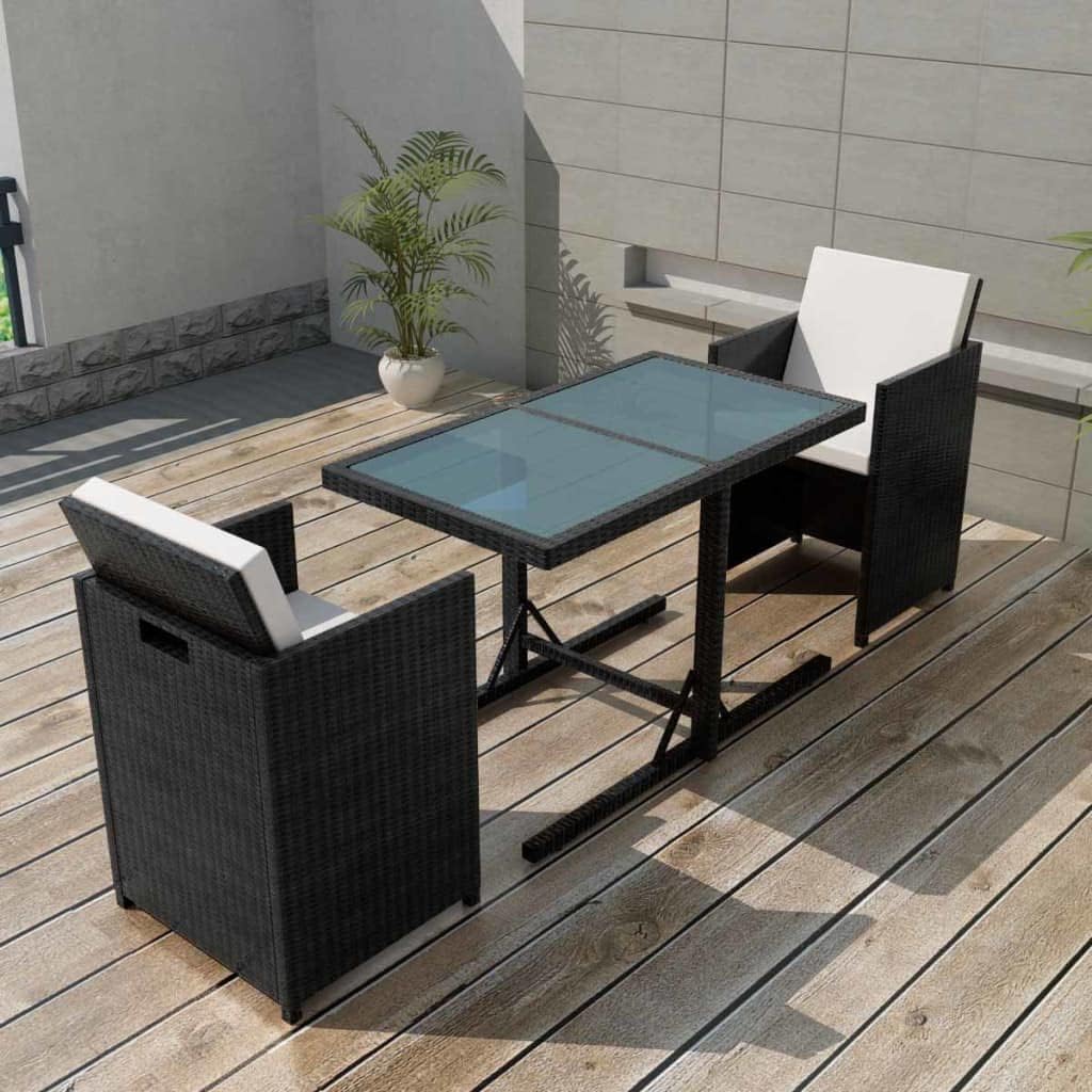 3 Piece Bistro Set with Cushions Poly Rattan Black,Durable Rattan Garden Dining Set for Outdoor Relaxation and Dining Furniture Sets for Patio, Lawn & Garden