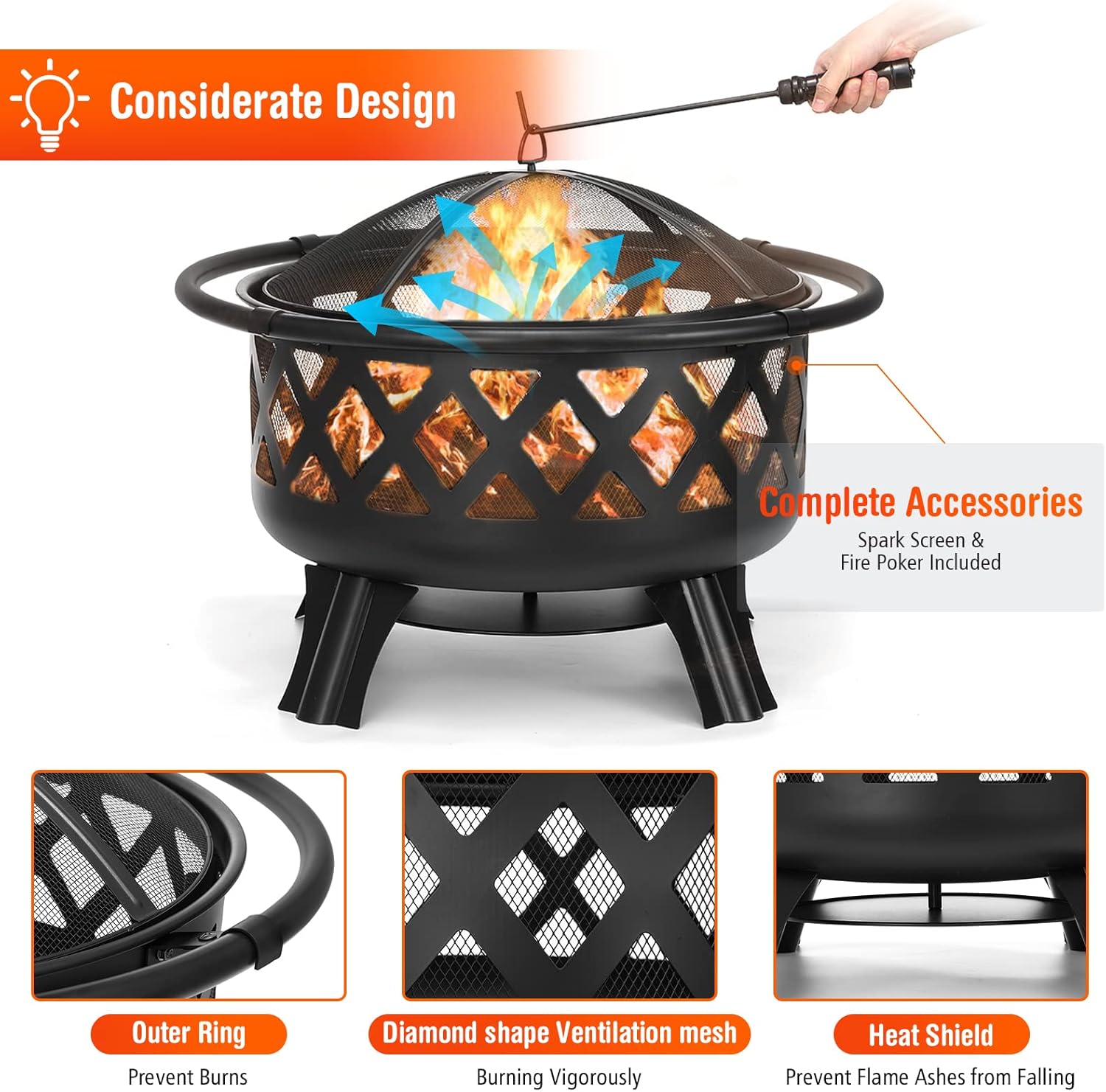 2 in 1 Fire Pit with Cooking Grate 30'' Wood Burning Firepit Outdoor Fire Pits Steel Firepit Bowl Outside with Swivel BBQ Grill, Spark Screen, Poker for Backyard Garden Bonfire Patio