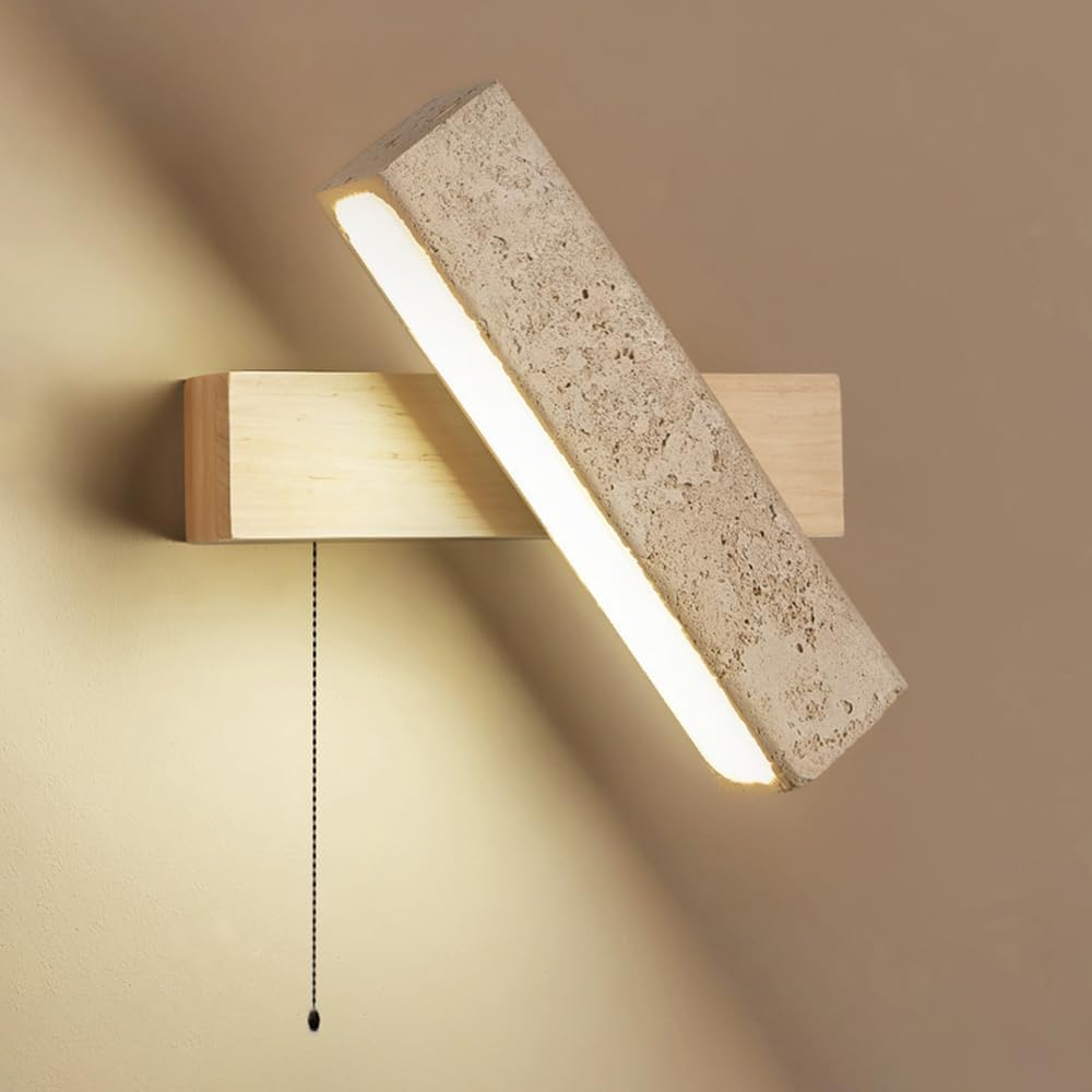 Japanese Wabi-Sabi LED Wall Sconce, Rotatable Wood Wall Lighting, 7W Travertine Wall Light with Pull Chain Switch, Hardwired Bedroom Living Room Hallway Wall Lamps, 3000K