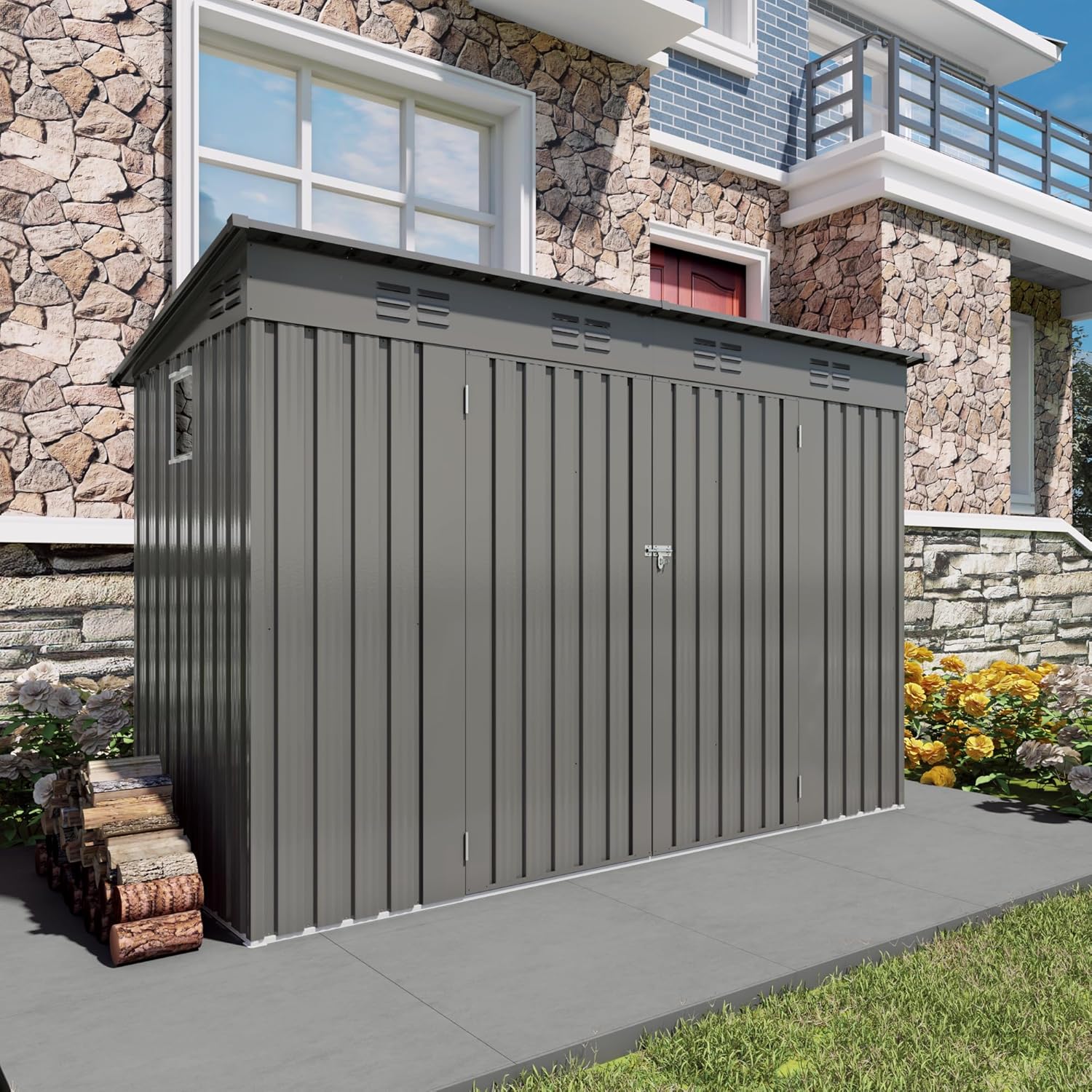 4 x 9 FT Outdoor Metal Storage Shed with 6 Vents and 2 Swing Doors, Galvanized Steel Garden Tool House with Sloped Roof for Backyard, Patio, Garage, Lawn, Gray, Weather-Resistant and Durable