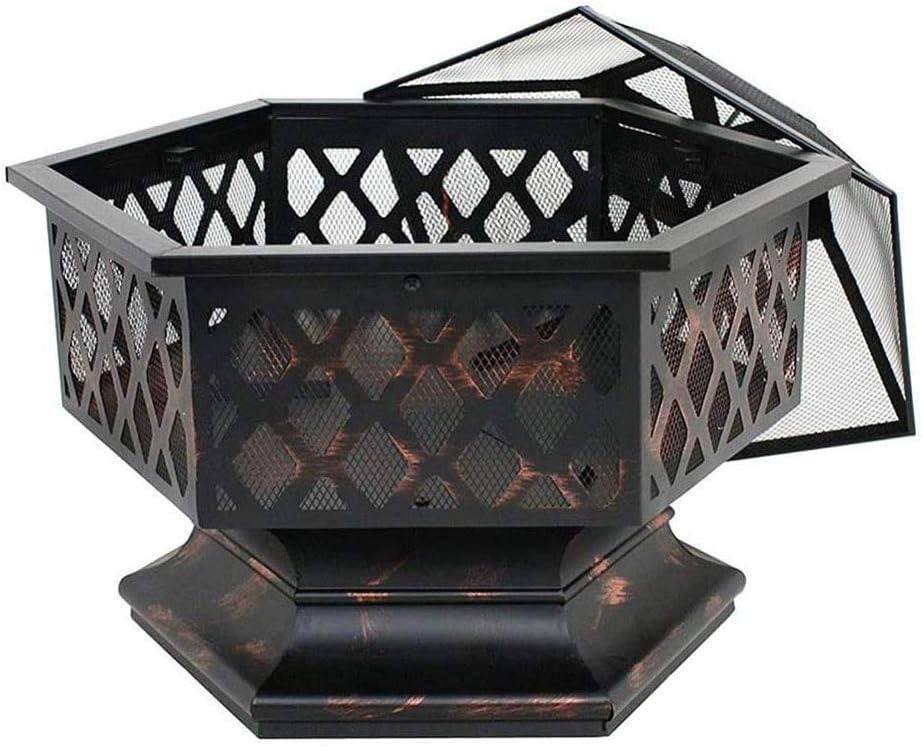 Garden Fire Pit Grill Bowl Grill Barbecue Rack Outdoor Fire Pits Portable Metal Fire Pit Hexagon Design Fireplace Stove with Mesh Screen Cover Fireplace Stove Wood Burning