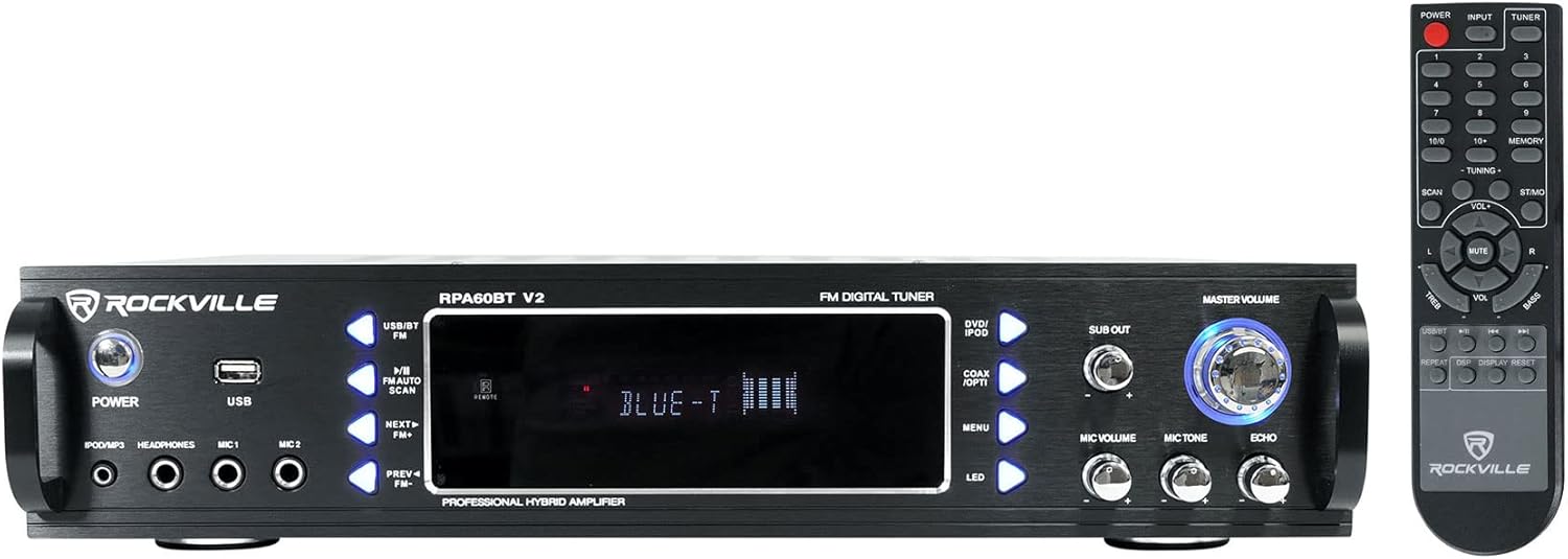 Rockville RPA60BT V2 1000 Watt 2-Channel Amplifier Mixer, Bluetooth, USB, Mic Inputs, EQ Controls, for DJs and Karaoke