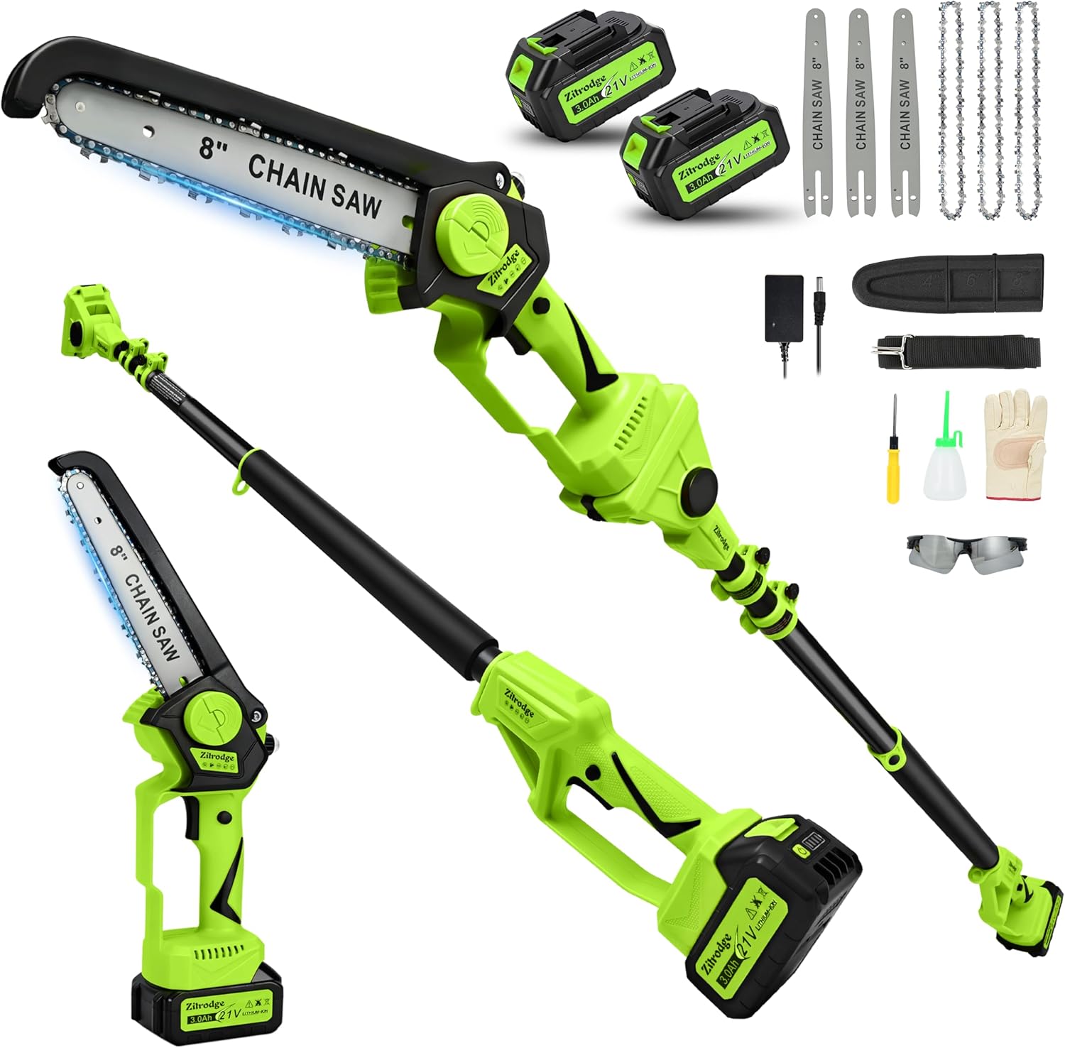 8“ Electric Pole Saws for Tree Trimming, 2-in-1 Pole Saw Cordless & Mini Chainsaw with Extension Pole, 15FT Max Reach Pole Saw Battery Powered, Tree Trimmer Limb Branch Cutter Pruner, 2×3.0Ah Battery