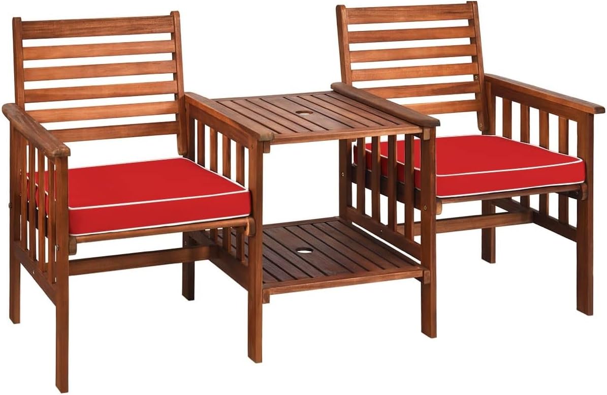 HAPPYGRILL Acacia Wood Loveseat with Table Patio Bistro Set Wooden Table Chairs Set with Cushions, Outdoor Furniture Set with Umbrella Hole for Garden Balcony