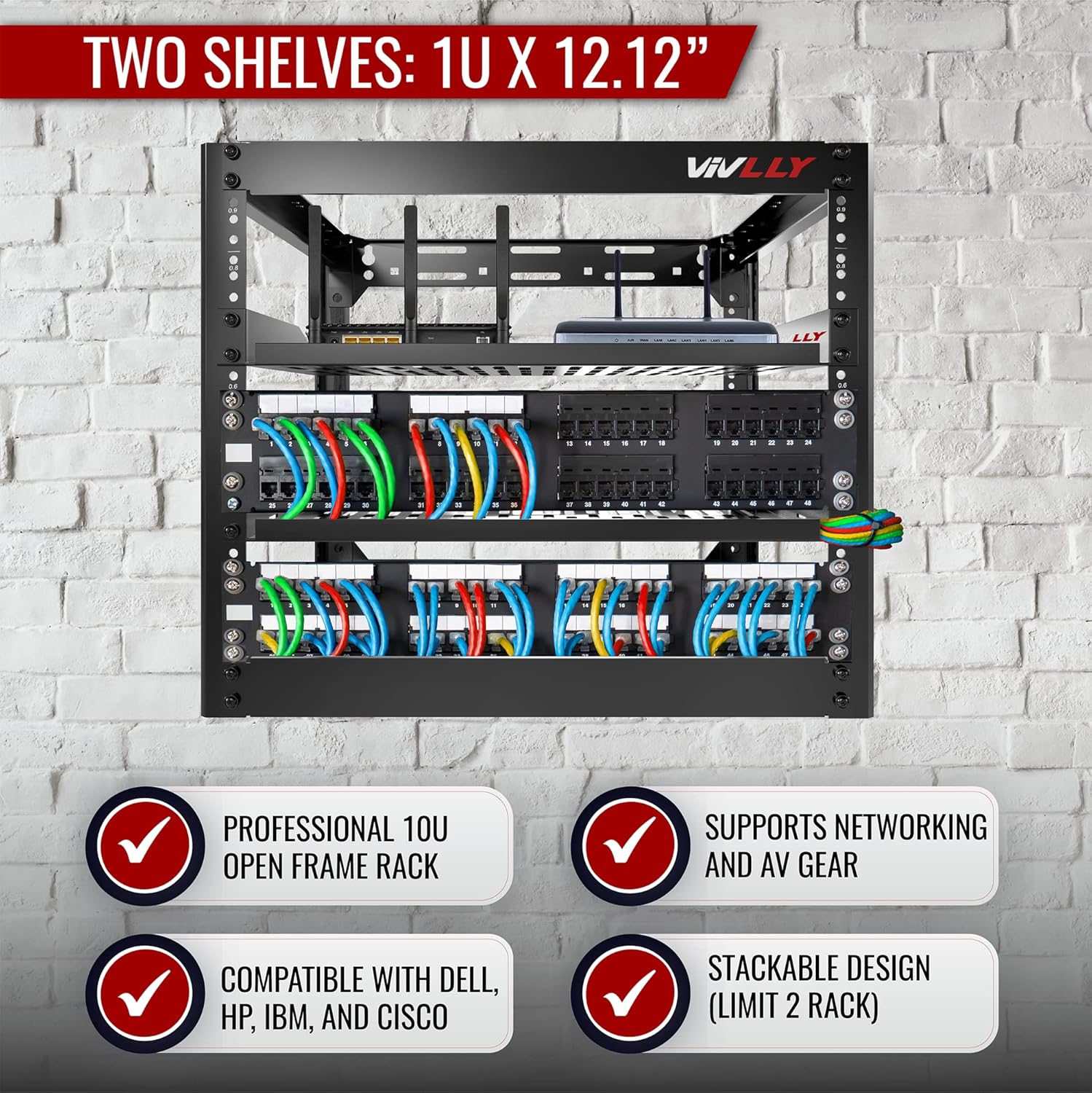 10U Server Rack Heavy Duty Open Frame Network Rack Mount 19 Inch - Wall Mount or Floor Standing IT Equipment Cabinet - 400lbs Capacity Networking Data Center Rack with 2 Vented Shelves - Vivlly