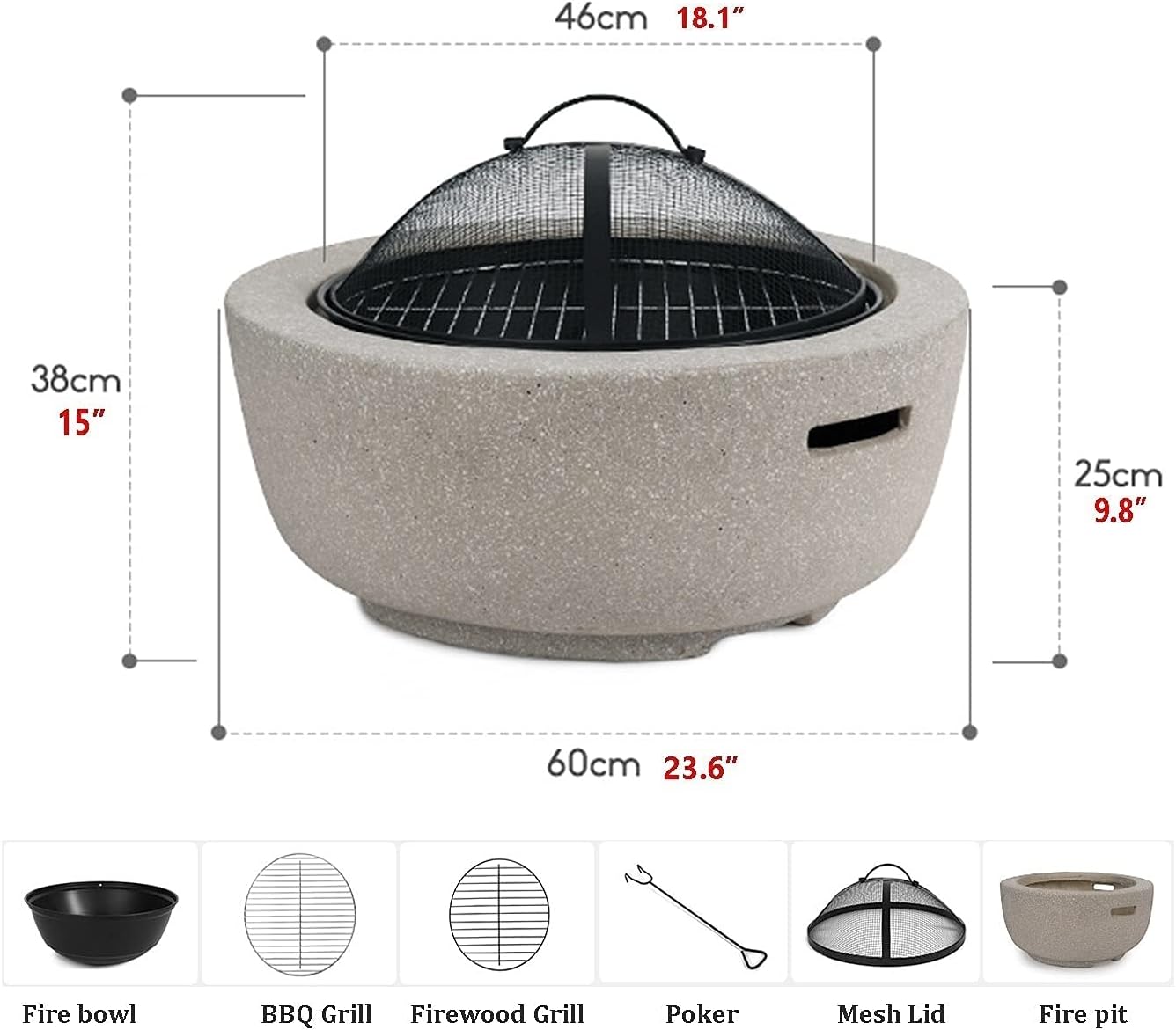Outdoor Fire Pit Garden Wood Burning Fire Pit BBQ Grill Table - 23“, Outdoor Wood Burning Fire Bowl with Spark Screen Cover and Poker