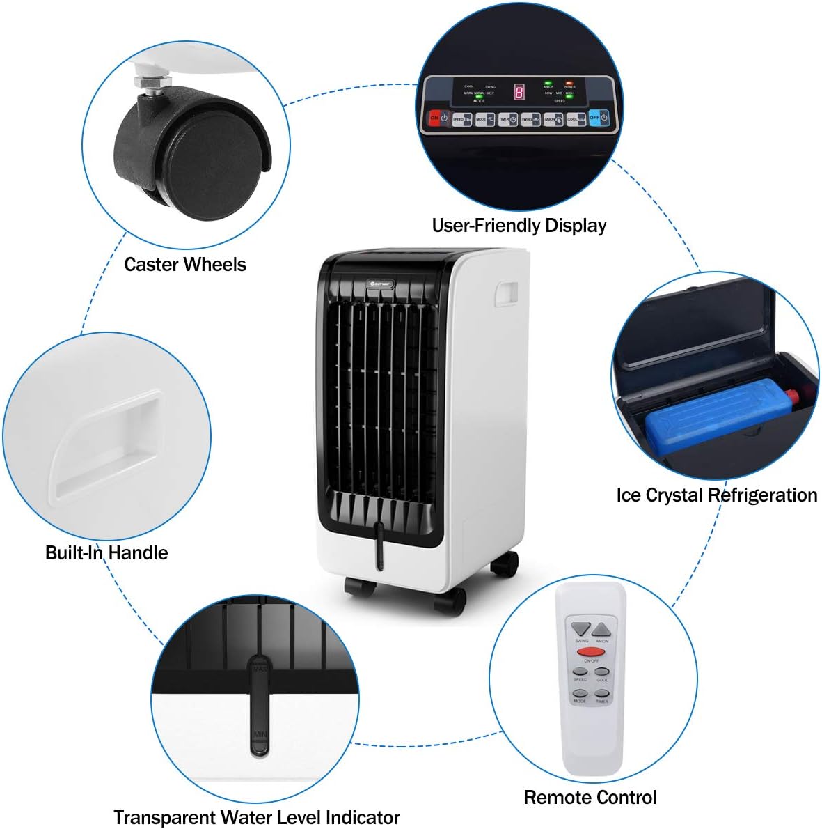 COSTWAY Evaporative Cooler, Include Remote Control, 2 Ice Packs, Portable Bladeless Fan with 3 Modes, 3 Speeds, 8H Timer, LED Display, Air Cooler for Indoor Use, Bedroom (Black)