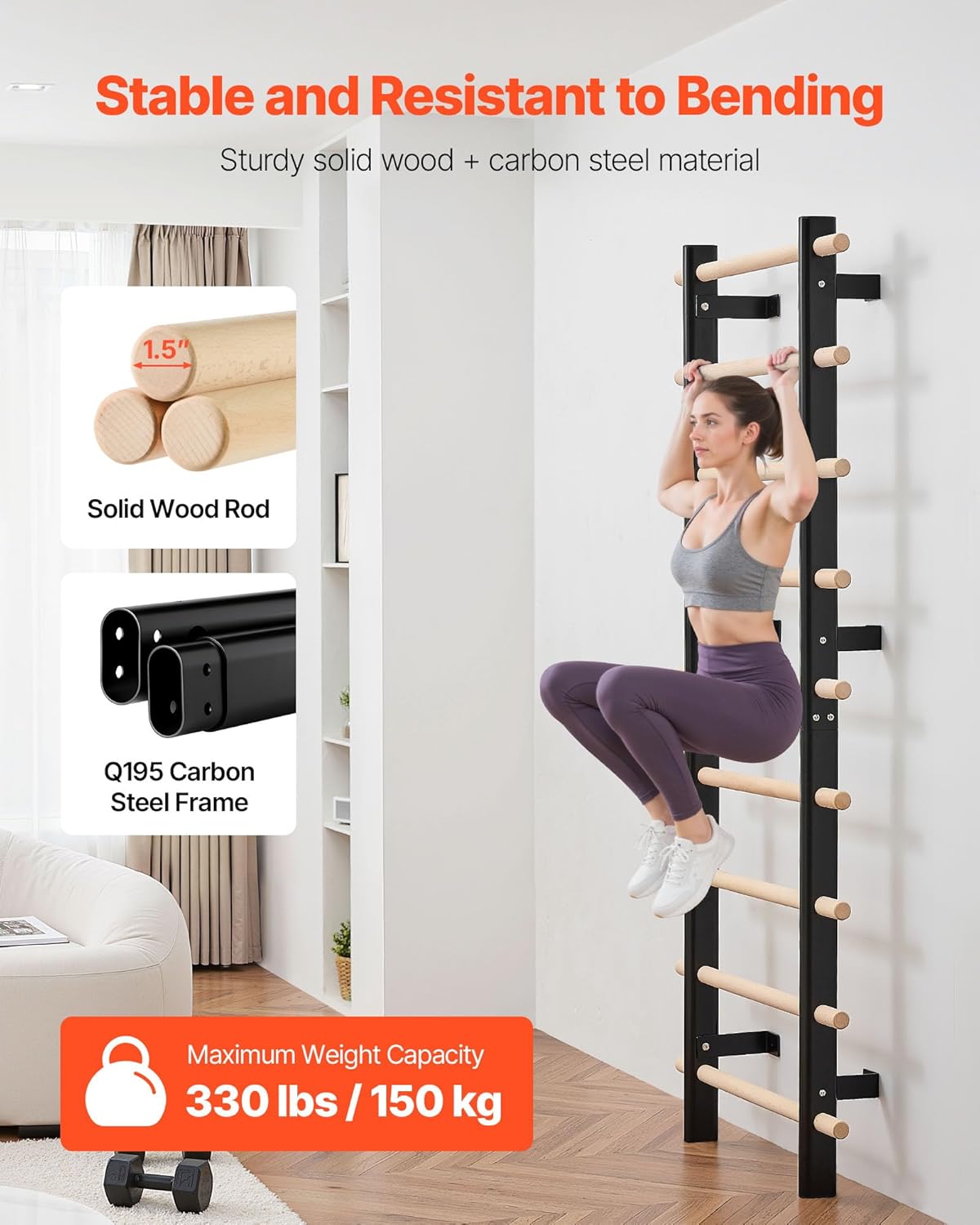 VEVOR Swedish Ladder Wall Gym, 9-Level Swedish Ladder Suspension Trainer, 330LBS Loading Solid Wood + Carbon Steel Gymnastics Stall Bars for Adult, Compatible with 3.15