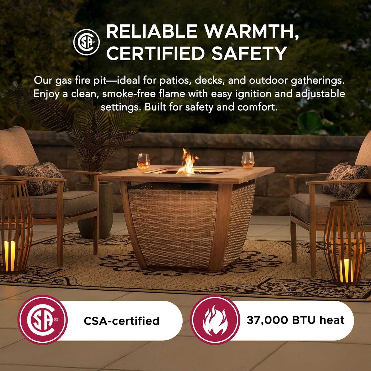 SUNJOY 38 in. Fire Pit Table, Patio Smokeless Propane Firepit (CSA Certified, 37,000 BTU) Gas Burning Brown All-Weather Wicker Firepits Large Fire Table with Lid for Outside