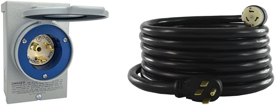 Reliance Controls PB50 50-Amp NEMA 3R Power Inlet Box,Gray and Conntek 1450SS2-15 50 Amp Temp Power Generator Cord, 15 Feet, Black