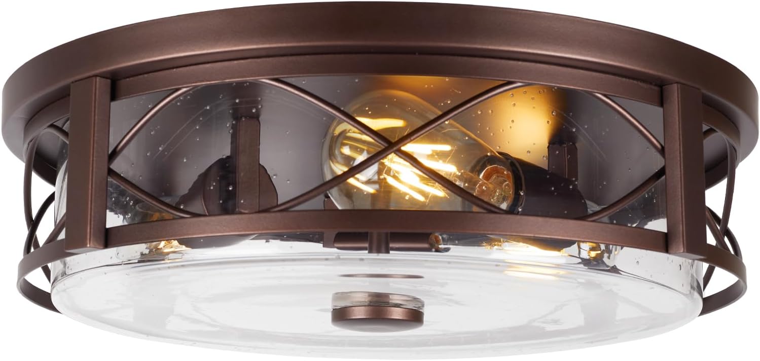 16 Inch Large Flush Mount Ceiling Light with Seeded Glass, 3-Light Bronze Round Ceiling Lamp, Modern Farmhouse Indoor Outdoor Ceiling Lighting for Kitchen Bedroom Living Dining Room