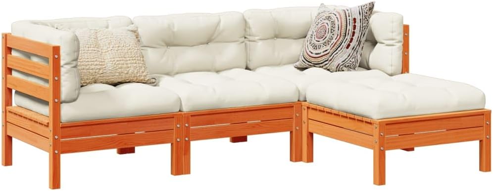 4 Piece Patio Sofa Set with Cushions Wax Brown Solid Wood Pine,Pinewood Outdoor Sofa Set: Comfortable and Durable for Patio, Terrace, or Garden Furniture Sets for Patio, Lawn & Garden