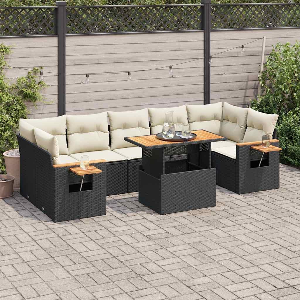 Large 8 Piece Modular Garden Sofa Set in Black PE Rattan for Outdoor Patio, Weather-Resistant Furniture with Storage and Washable Cushions
