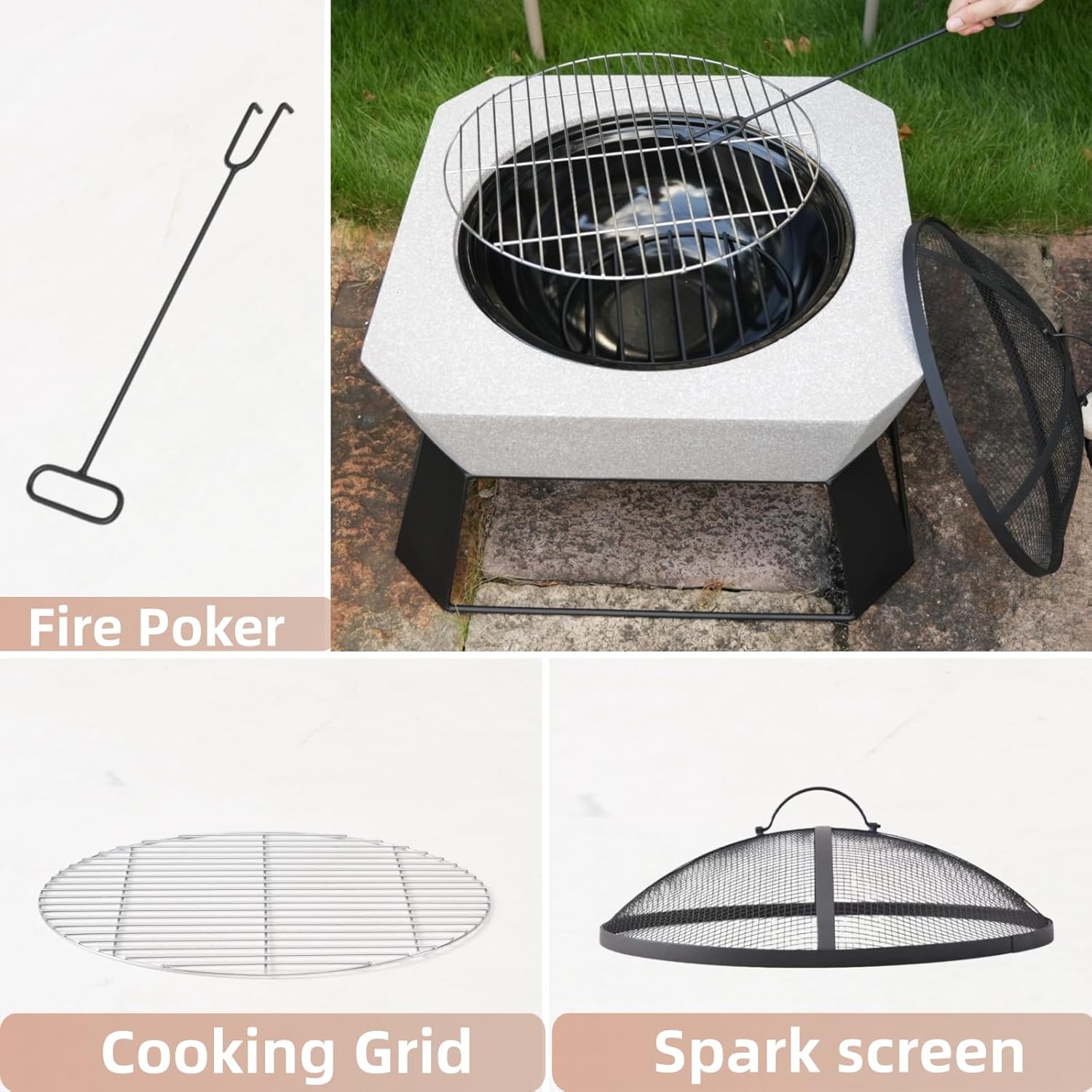 Fire Pits for Outside Wood Burning with Grill,Outdoor Round Firepit with Fire Poker,Spark Screen,2-in-1 Fire Pit for for Bonfire,Patio,Backyard,Garden,Picnic (Grey, 24.41 inch)