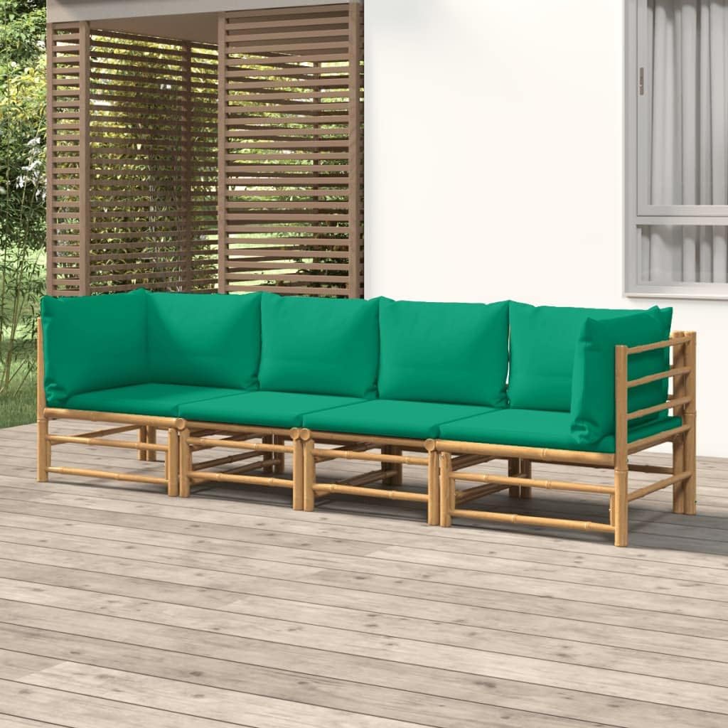Furniture Sets 4 Piece Patio Lounge Set with Green Cushions Bamboo,Elegant Bamboo Patio Lounge Set Comfortable and Modular for Outdoor Enjoyment Garden Conversation Sets