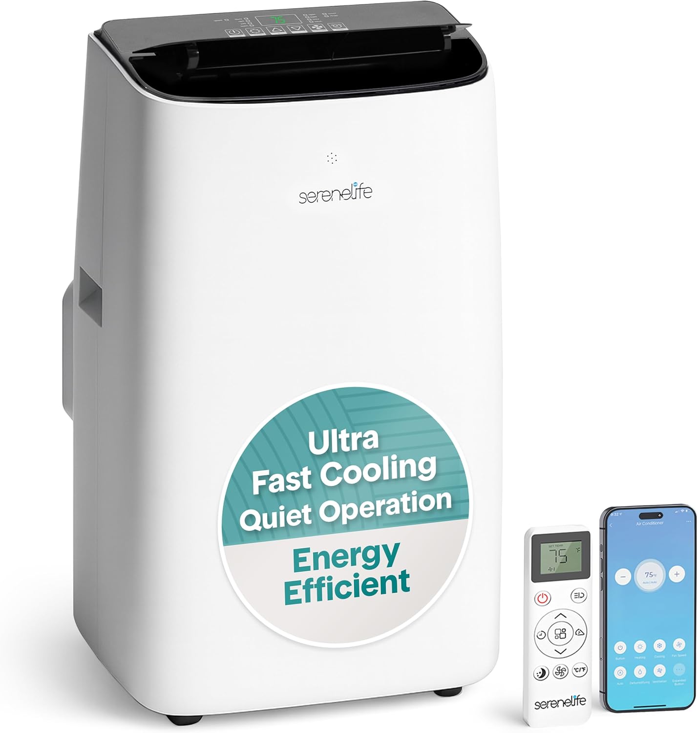 SereneLife 14000 BTU Ultra Quiet Portable Inverter Air Conditioner, Smart Cooling & Heating with WiFi, Energy Efficient, For Bedrooms, Living Spaces & Offices, 650 Sq Ft Coverage