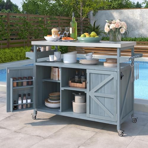 Outdoor Farmhouse Kitchen Island, Rolling Bar Cart & Storage Cabinet, Solid Wood Outdoor Grill Table with Stainless Steel Top, Spice Rack, Towel Rack (Gray Blue)